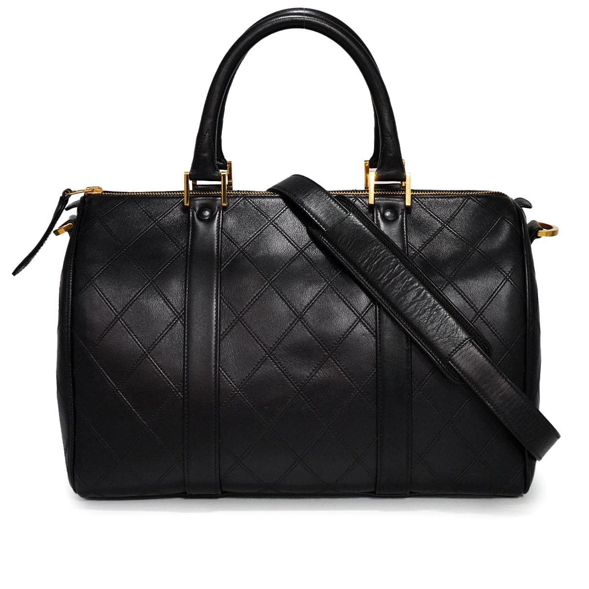 LUXURY PROMISE VINTAGE CHANEL BICOLORE BOSTON SHOULDER BAG BLACK LEATHER GOLD HARDWARE 90341451