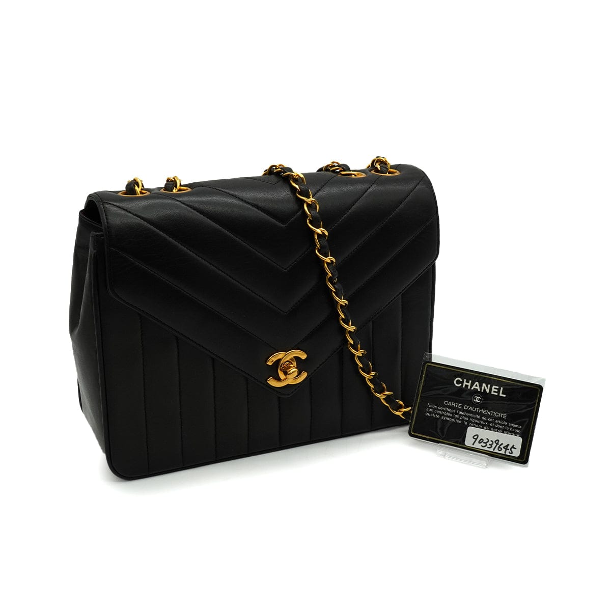 LUXURY PROMISE VINTAGE CHANEL CHEVRON V STITCH CHAIN SHOULDER BAG BLACK LAMB SKIN GOLD HARDWARE 90339645