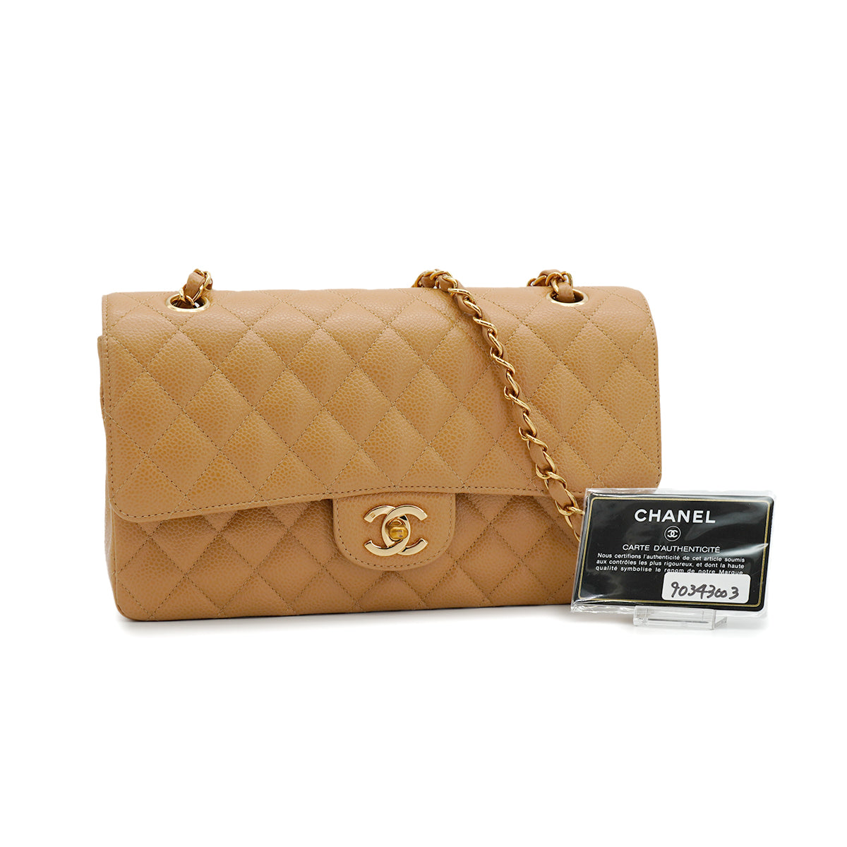 LUXURY PROMISE VINTAGE CHANEL CLASSIC FLAP MEDIUM CHAIN SHOULDER BAG BEIGE CAVIAR SKIN GOLD HARDWARE 90343003