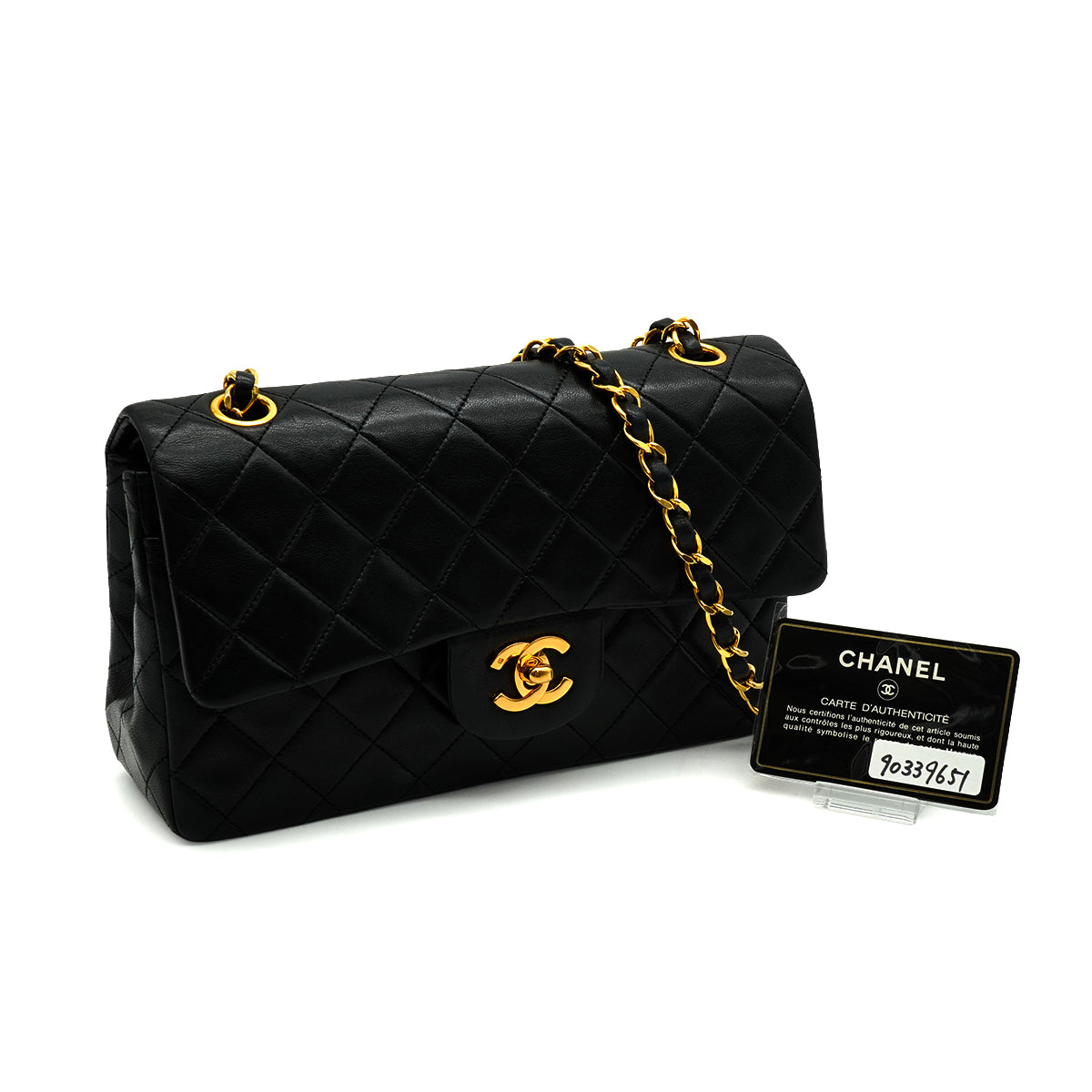 LUXURY PROMISE VINTAGE CHANEL CLASSIC FLAP SMALL CHAIN SHOULDER BAG BLACK LAMB SKIN GOLD HARDWARE 90339651