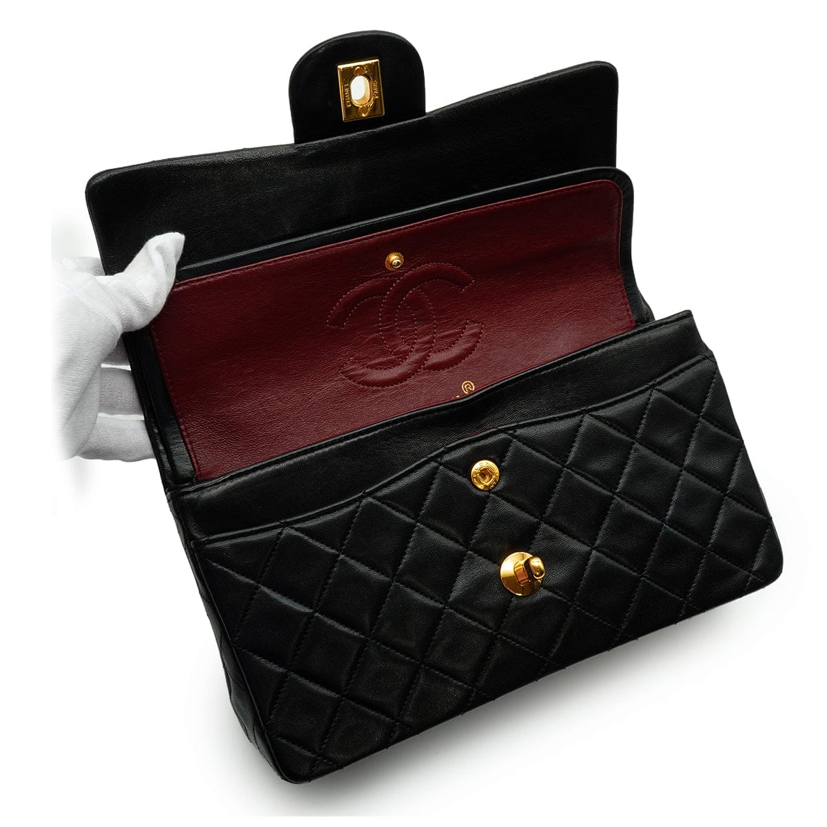 LUXURY PROMISE VINTAGE CHANEL CLASSIC FLAP SMALL CHAIN SHOULDER BAG BLACK LAMB SKIN GOLD HARDWARE 90339651