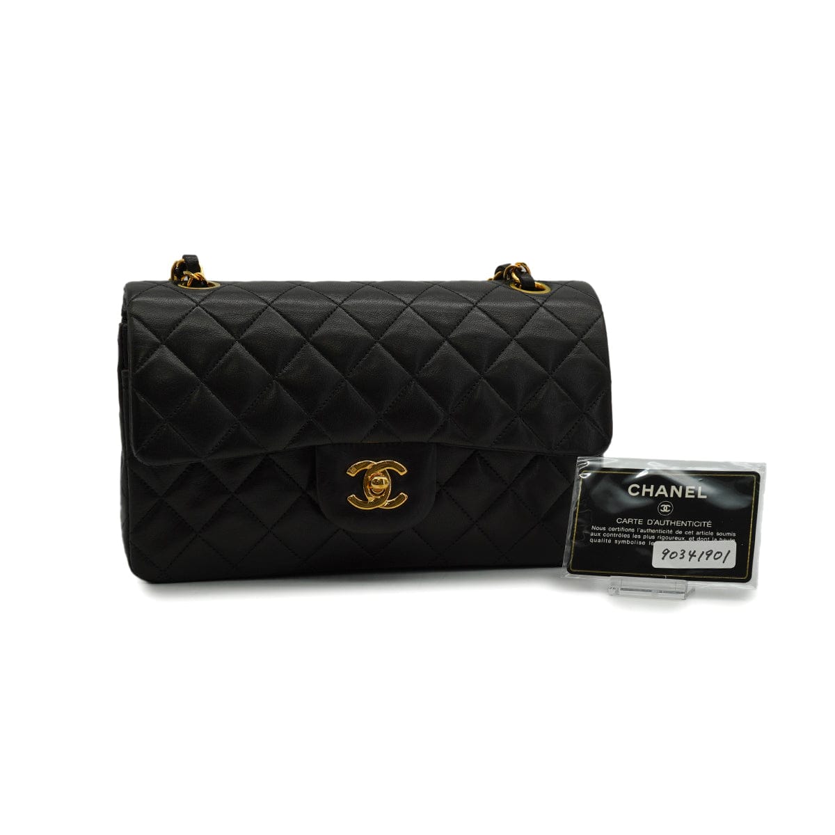LUXURY PROMISE VINTAGE CHANEL CLASSIC FLAP SMALL CHAIN SHOULDER BAG BLACK LAMB SKIN GOLD HARDWARE 90341901