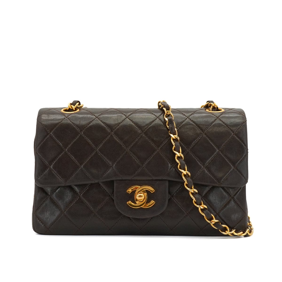LUXURY PROMISE VINTAGE CHANEL CLASSIC FLAP SMALL CHAIN SHOULDER BAG BROWN LAMB SKIN GOLD HARDWARE 90338881