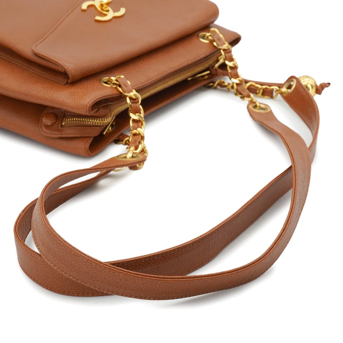 LUXURY PROMISE VINTAGE CHANEL COCO BALL CHAIN TOTE SHOULDER BAG BROWN CAVIAR SKIN GOLD HARDWARE 90339952