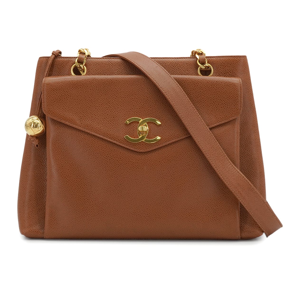 LUXURY PROMISE VINTAGE CHANEL COCO BALL CHAIN TOTE SHOULDER BAG BROWN CAVIAR SKIN GOLD HARDWARE 90339952
