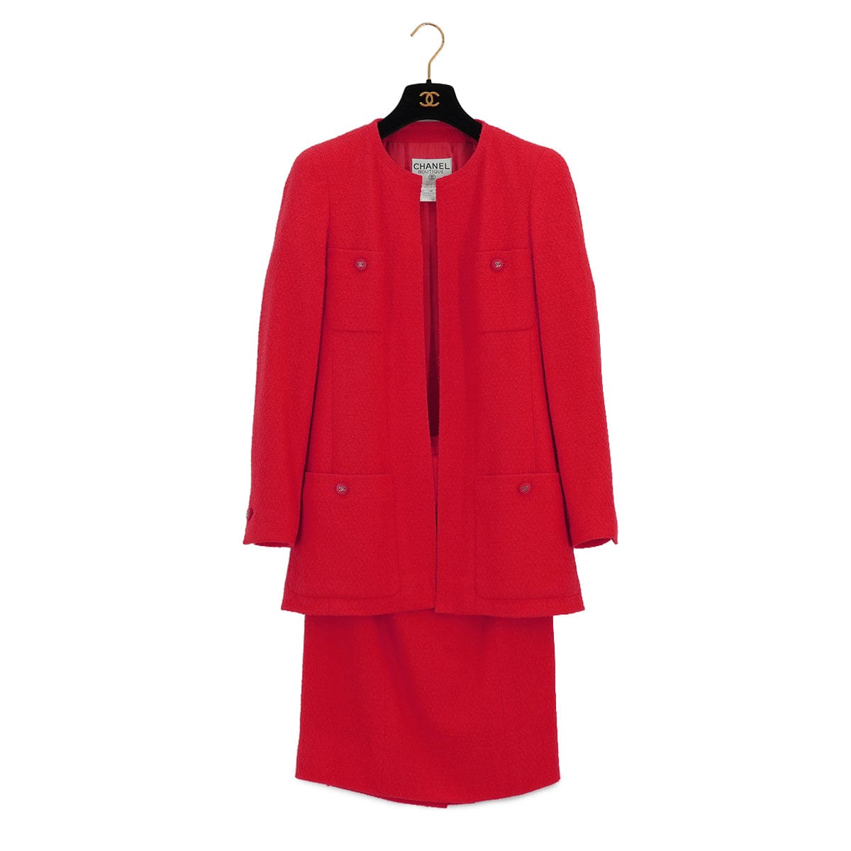 LUXURY PROMISE VINTAGE CHANEL COCO BUTTON TWEED JACKET SKIRT SET RED WOOL 38 96P RTW 90332947