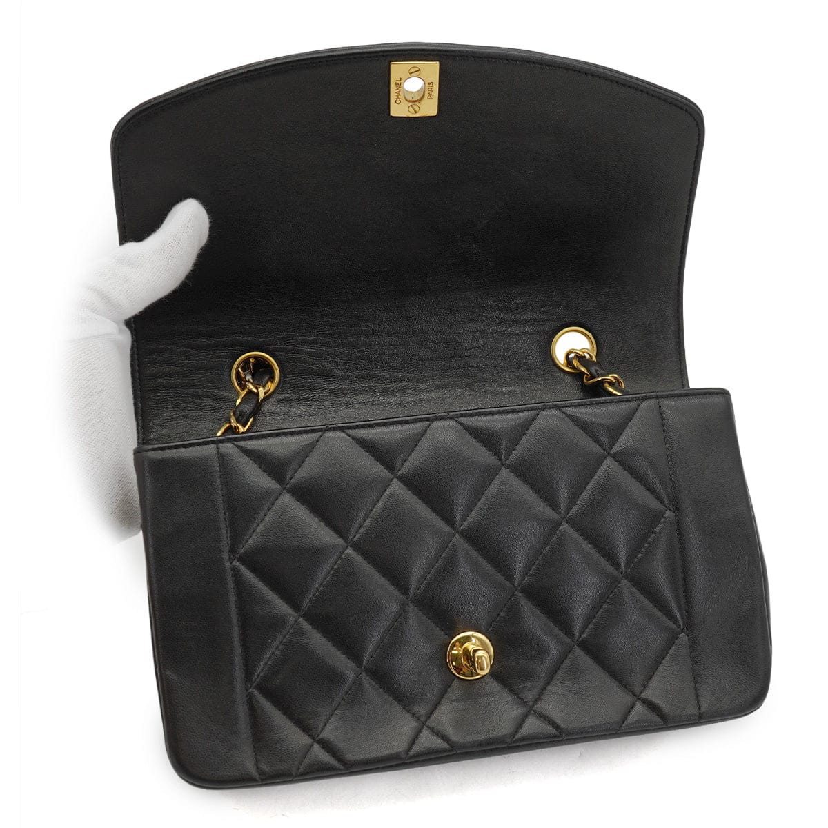 LUXURY PROMISE VINTAGE CHANEL DIANA SMALL CHAIN SHOULDER BAG BLACK LAMB SKIN GOLD HARDWARE 90329224