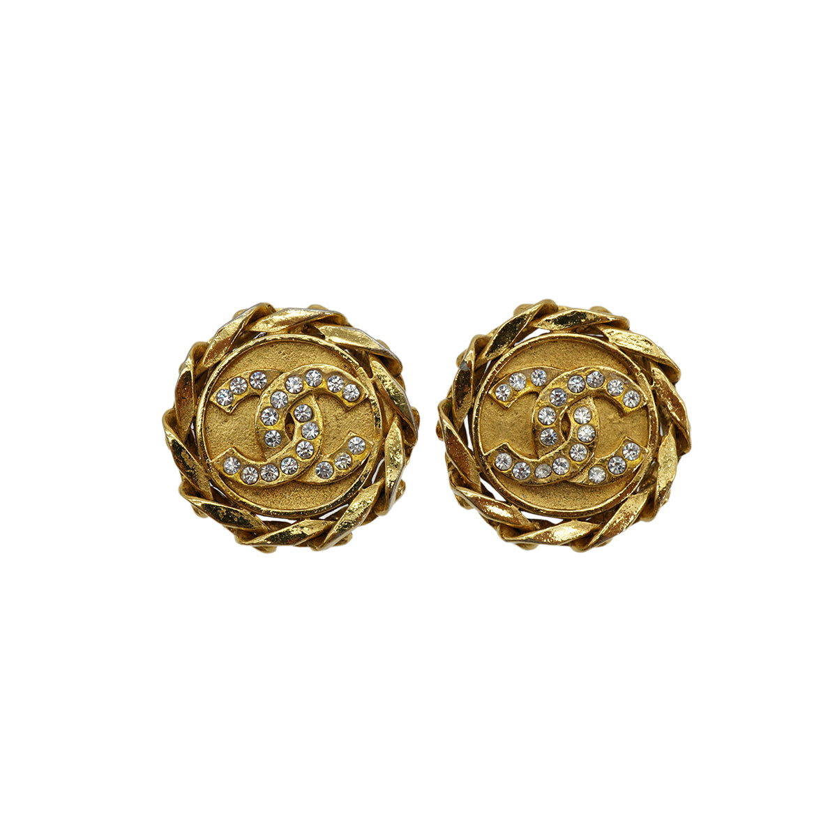 LUXURY PROMISE VINTAGE CHANEL EARRINGS COCOMARK RHINESTONE ROUND GOLD ACCESSORY 23 90330682
