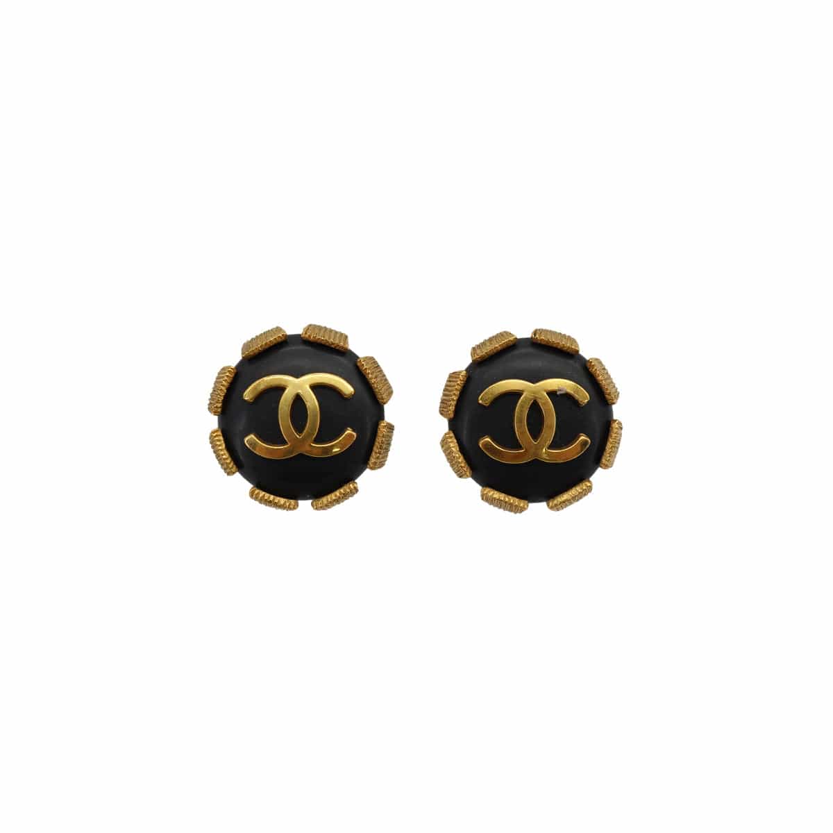 LUXURY PROMISE VINTAGE CHANEL EARRINGS COCOMARK ROUND BLACK GOLD ACCESSORY 94P 90330684