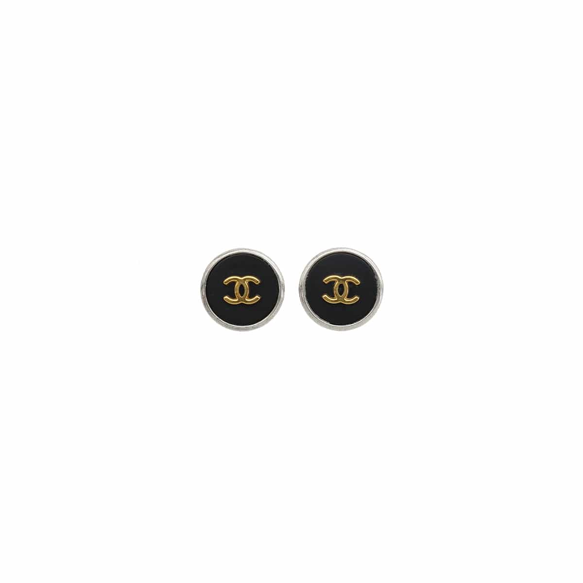 LUXURY PROMISE VINTAGE CHANEL EARRINGS COCOMARK ROUND SILVER BLACK ACCESSORY 96P 90337670
