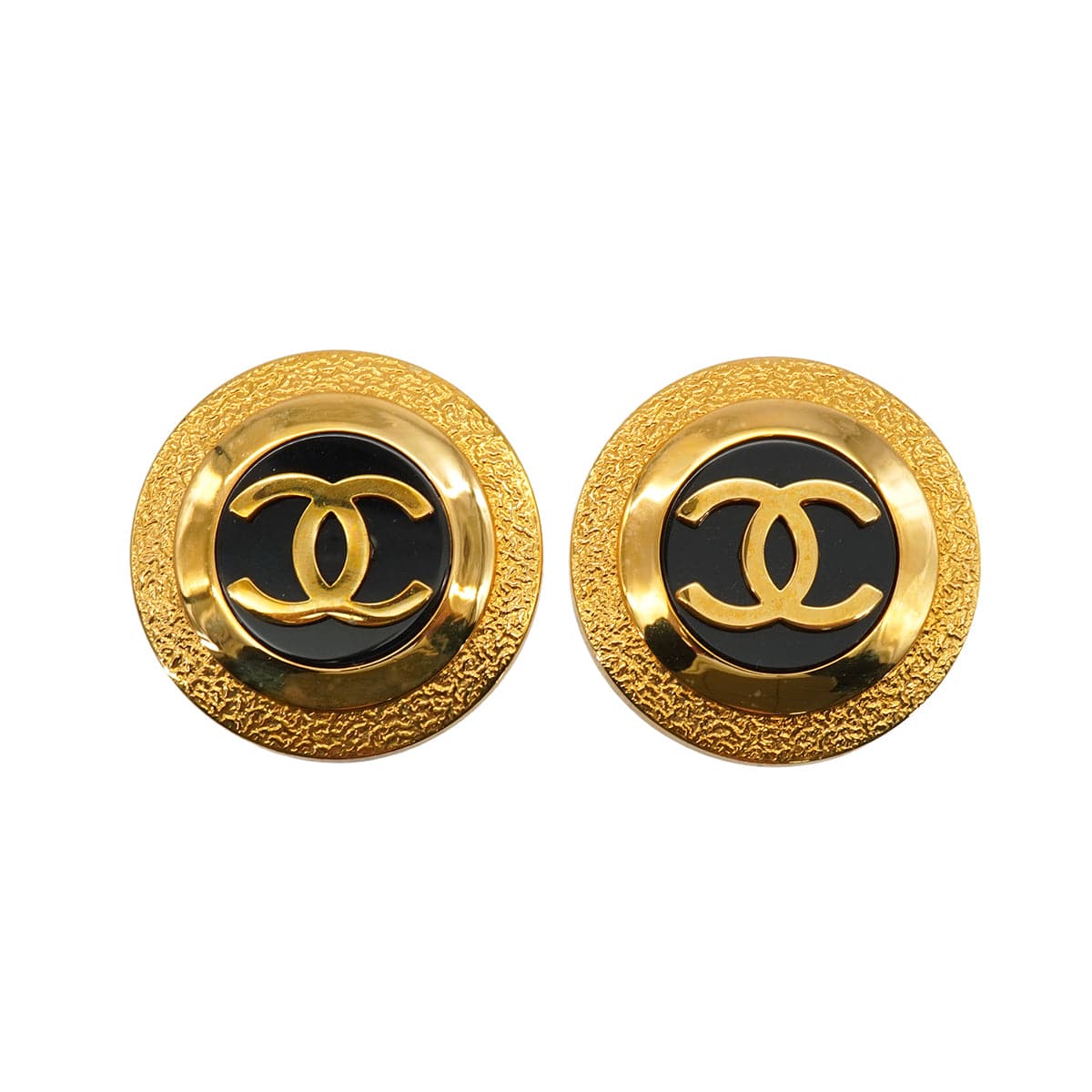 LUXURY PROMISE VINTAGE CHANEL EARRINGS ROUND COCOMARK BLACK GOLD ACCESSORY 93P 90334889