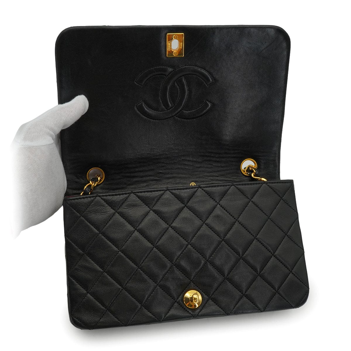 LUXURY PROMISE VINTAGE CHANEL FULL FLAP CHAIN SHUOLDER BAG BLACK LAMB SKIN GOLD HARDWARE 90335298