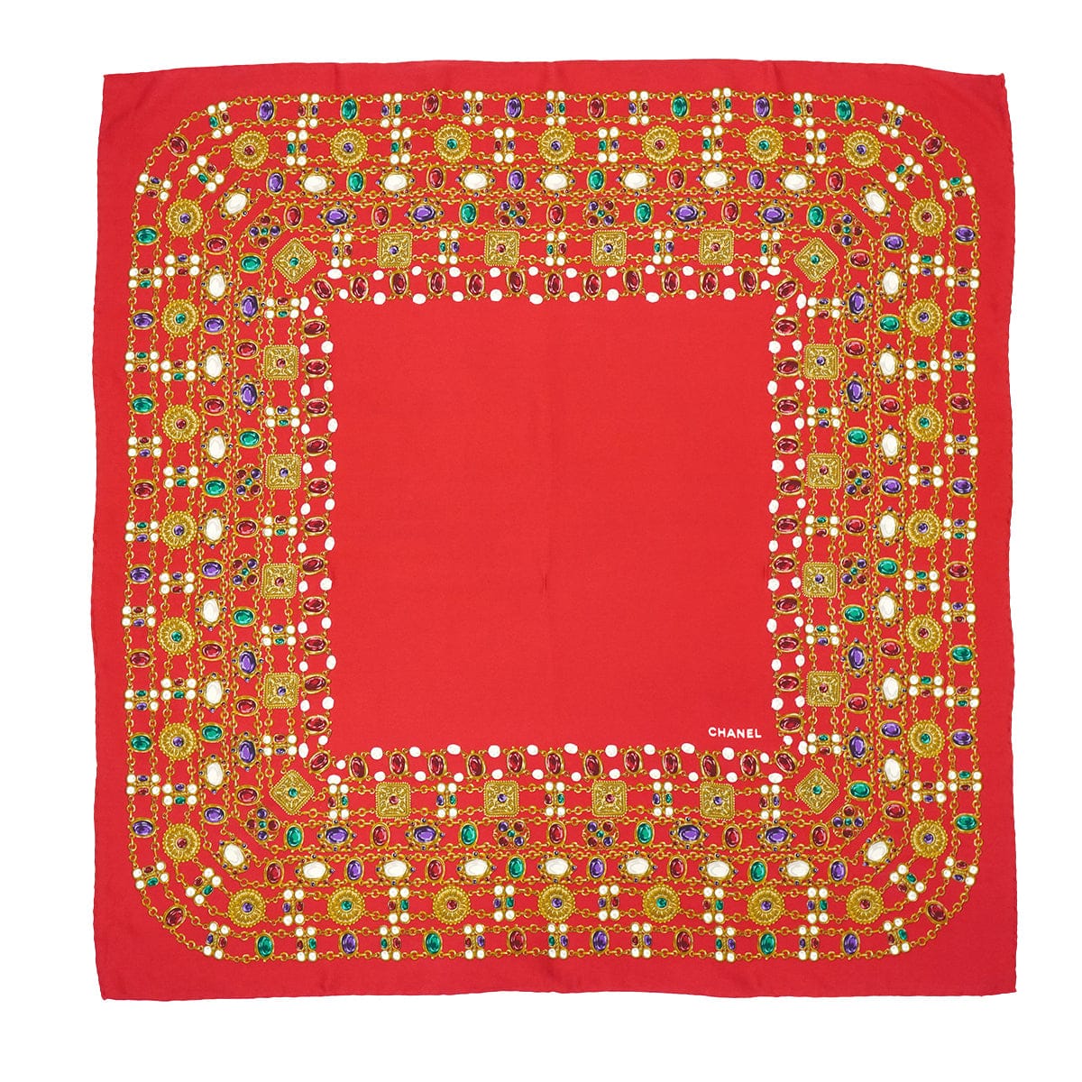 LUXURY PROMISE VINTAGE CHANEL JEWELRY PATTERN SCARF RED MULTICOLOR SILK 90335001