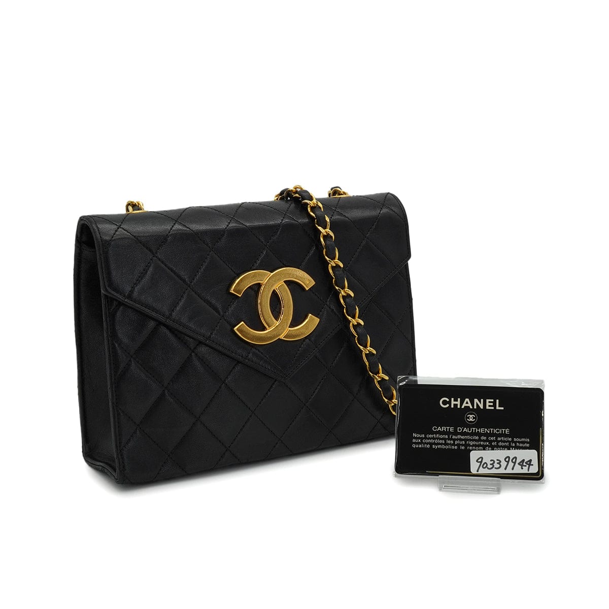 LUXURY PROMISE VINTAGE CHANEL LETTER FLAP MATELASSE BIG COCO CHAIN SHOULDER BAG BLACK LAMB SKIN GOLD HARDWARE 90339944