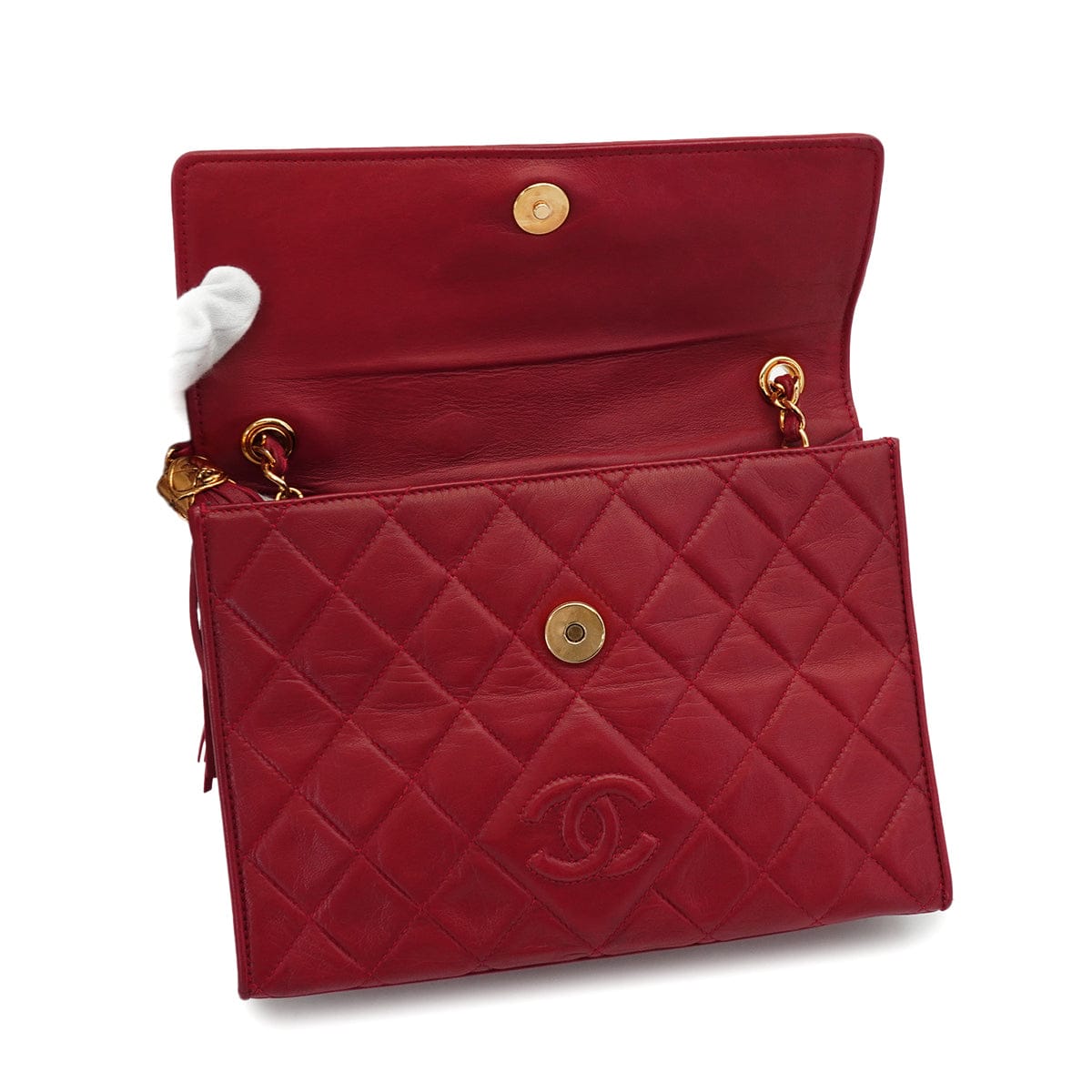 VINTAGE CHANEL COCOMARK MATELASSE FRINGE CHAIN SHOULDER BAG RED LAMB SKIN GOLD HARDWARE 90342573