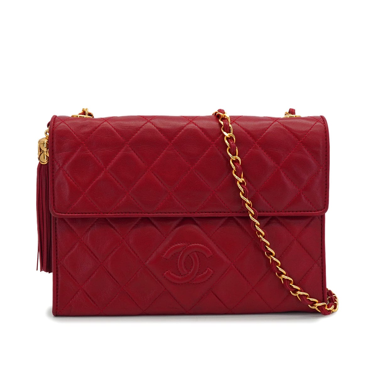 VINTAGE CHANEL COCOMARK MATELASSE FRINGE CHAIN SHOULDER BAG RED LAMB SKIN GOLD HARDWARE 90342573