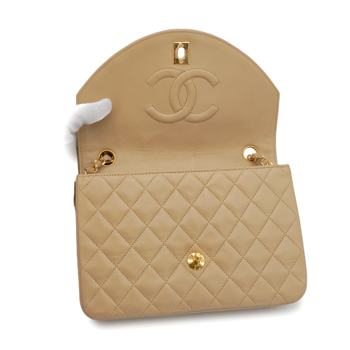 LUXURY PROMISE VINTAGE CHANEL MATELASSE HALF MOON CHAIN SHOULDER BAG BEIGE LAMB SKIN 90340157