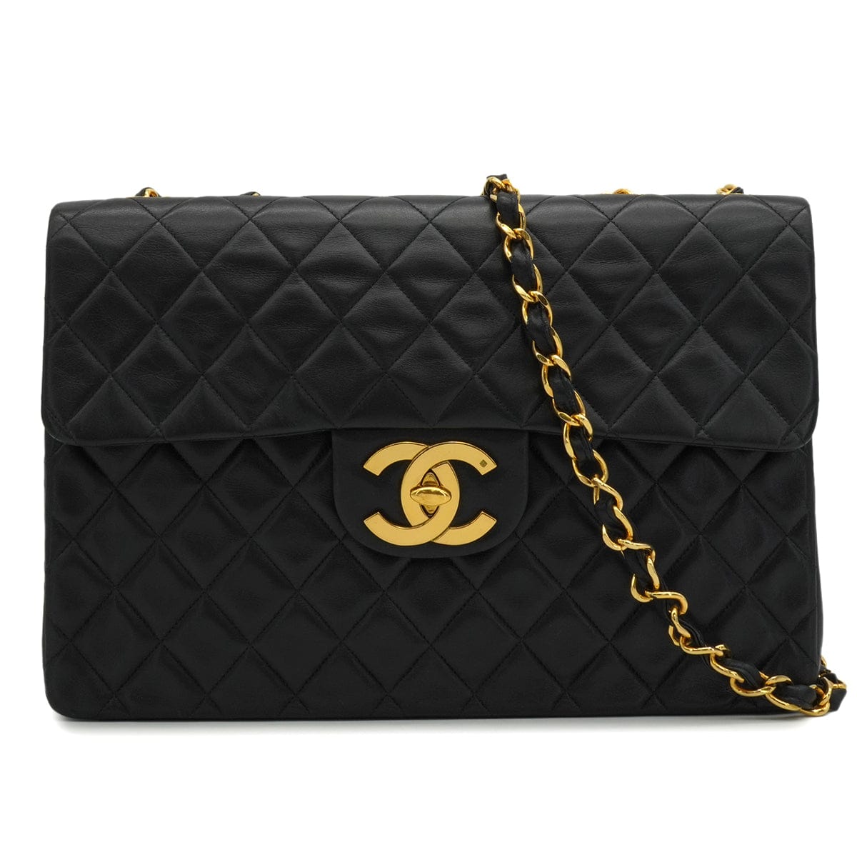 LUXURY PROMISE VINTAGE CHANEL MAXI MATELASSE 34 CHAIN SHOULDER BAG BLACK LAMB SKIN GOLD HARDWARE 90340140