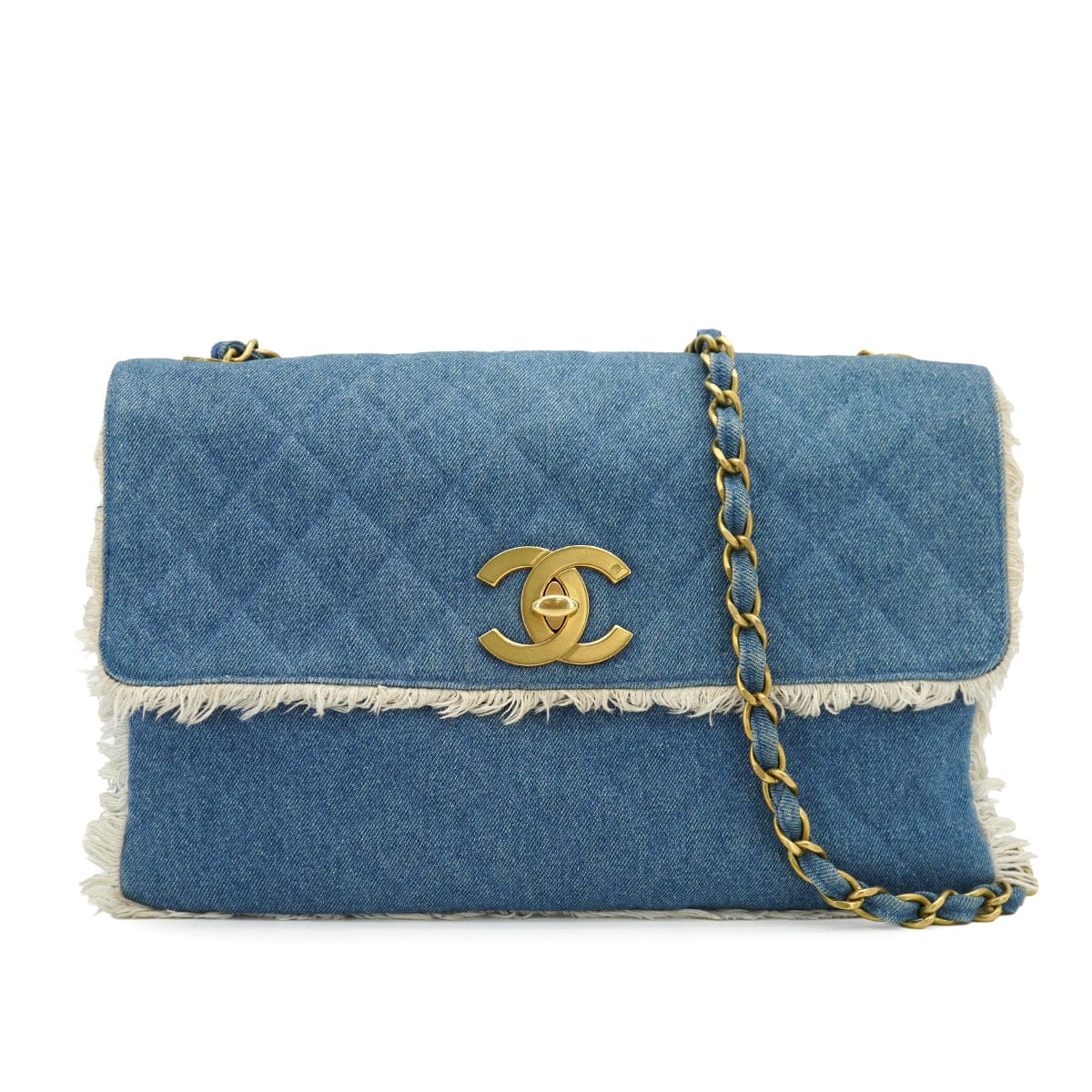 Luxury Promise VINTAGE CHANEL MAXI MATELASSE 34 CHAIN SHOULDER BAG BLUE DENIM GOLD HARDWARE 90335141