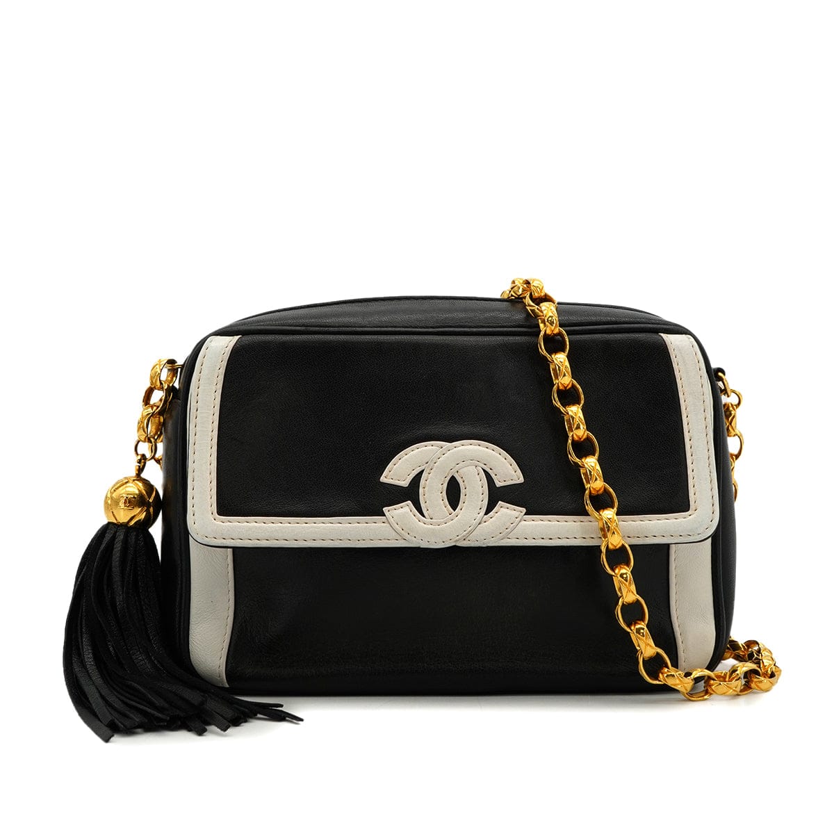 LUXURY PROMISE VINTAGE CHANEL MINI COCOMARK BICOLOR BIJOU CHAIN SHOULDER BAG FRINGE BLACK WHITE LAMB SKIN GOLD HARDWARE 90339951