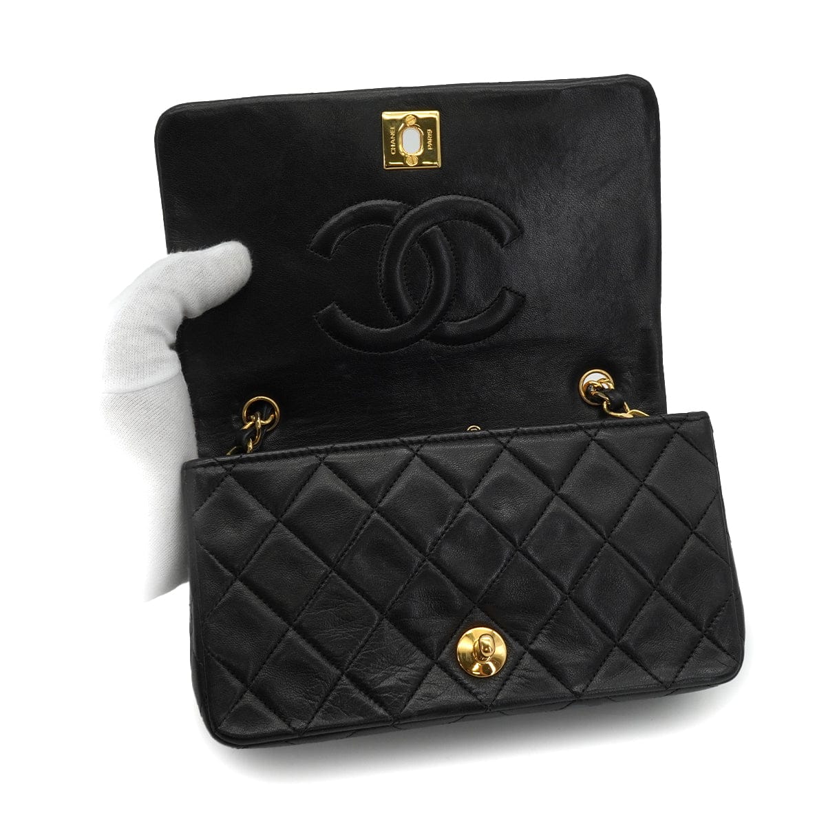 LUXURY PROMISE VINTAGE CHANEL MINI FULL FLAP CHAIN SHOULDER BAG BLACK LAMB SKIN GOLD HARDWARE 90339942