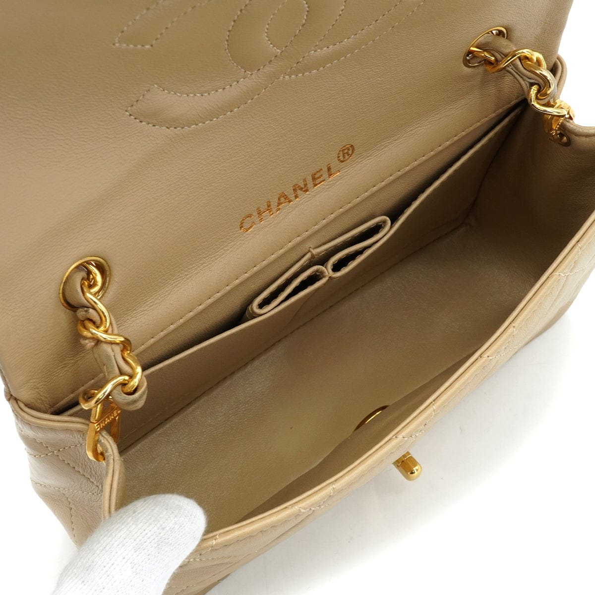 LUXURY PROMISE VINTAGE CHANEL MINI FULL FLAP CHAIN SHUOLDER BAG BEIGE LAMB SKIN GOLD HARDWARE 90339937
