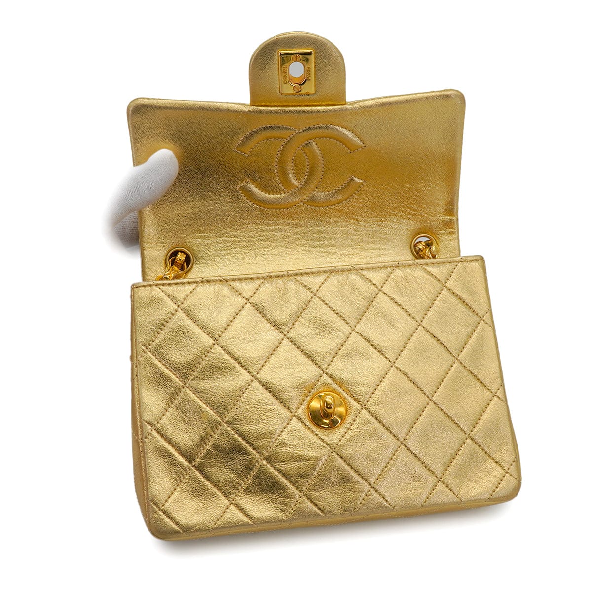LUXURY PROMISE *VINTAGE CHANEL MINI SQUARE 17 BIJOU CHAIN SHOULDER BAG GOLD LAMB SKIN GOLD HARDWARE 90339657