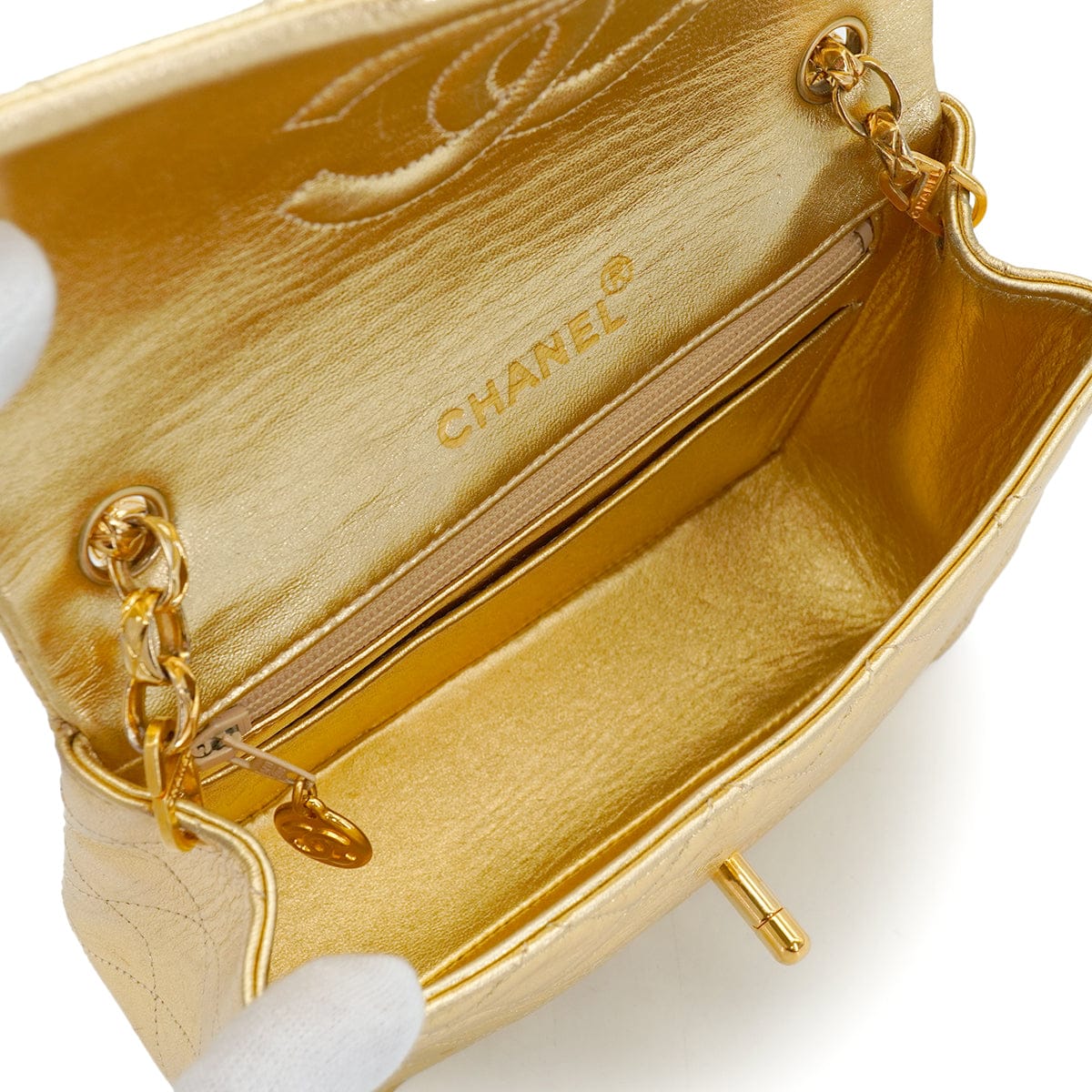 LUXURY PROMISE *VINTAGE CHANEL MINI SQUARE 17 BIJOU CHAIN SHOULDER BAG GOLD LAMB SKIN GOLD HARDWARE 90339657