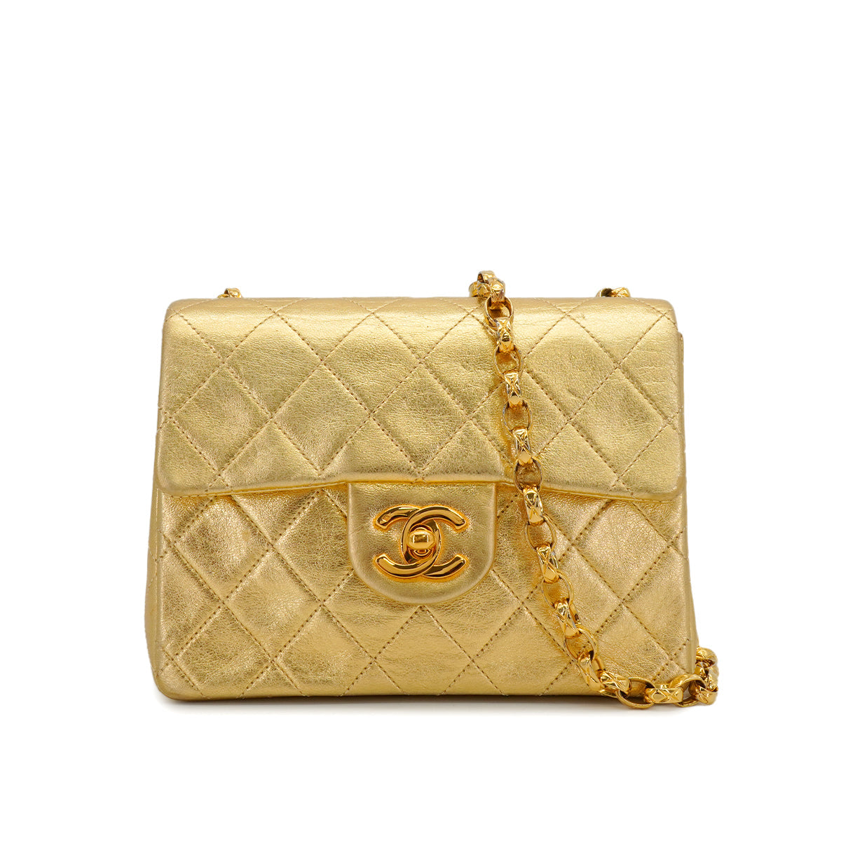 LUXURY PROMISE *VINTAGE CHANEL MINI SQUARE 17 BIJOU CHAIN SHOULDER BAG GOLD LAMB SKIN GOLD HARDWARE 90339657