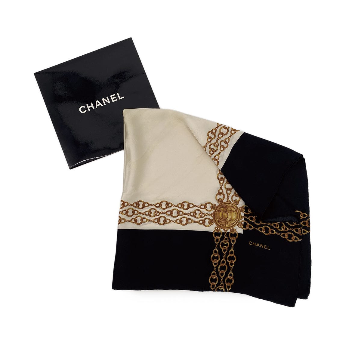 LUXURY PROMISE VINTAGE CHANEL SCARF COCOMARK CHAIN MOTIF BLACK BEIGE SILK 90314745