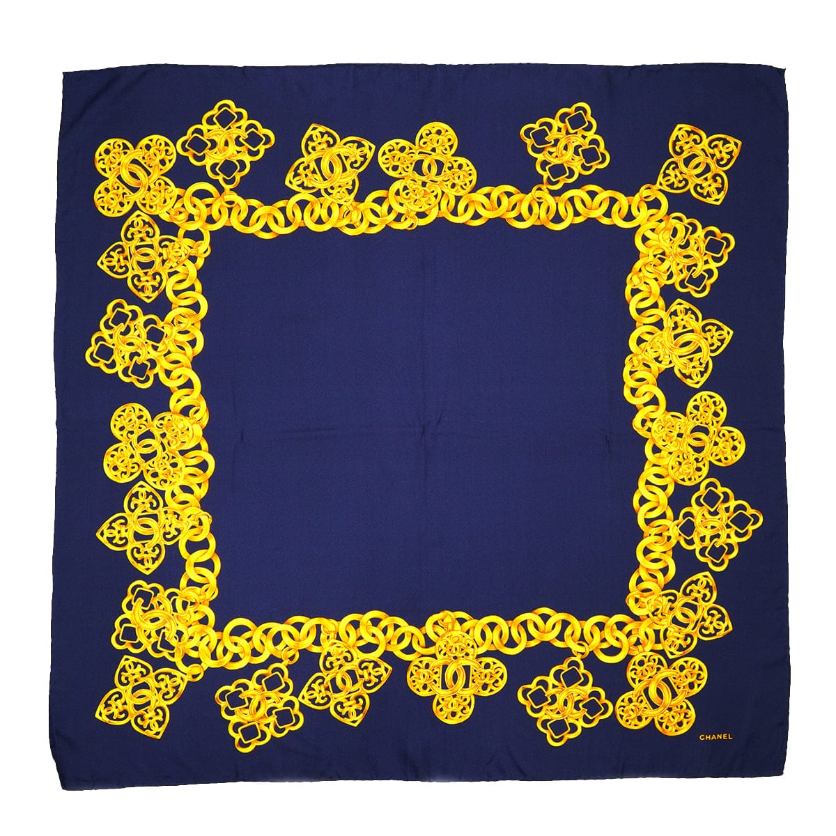LUXURY PROMISE VINTAGE CHANEL SCARF COCOMARK CHAIN PATTERN GOLD NAVY SILK 90334203