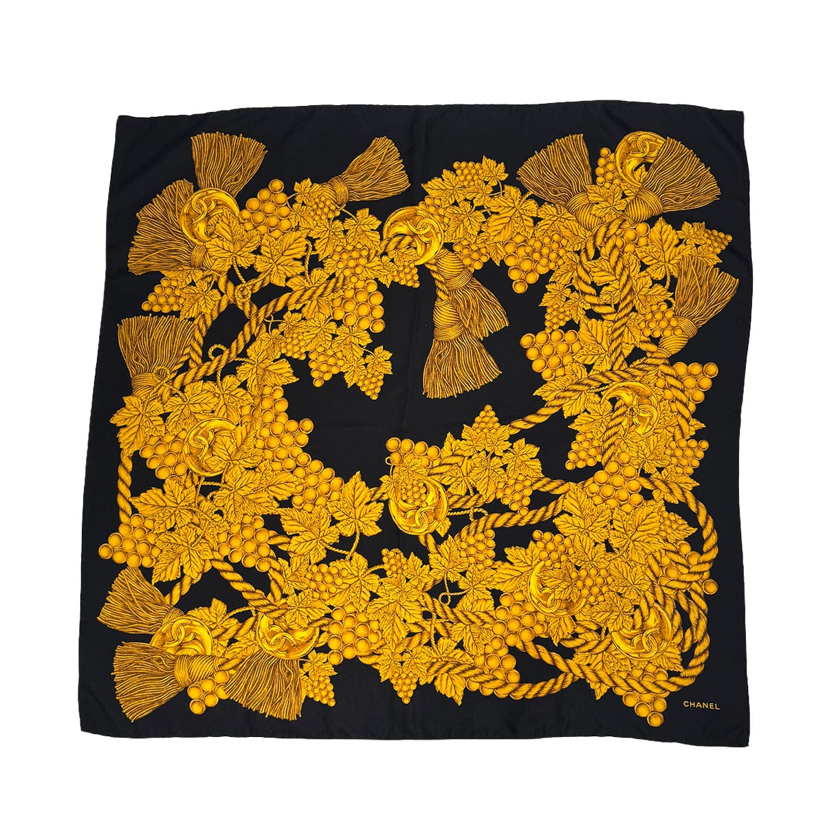LUXURY PROMISE VINTAGE CHANEL SCARF COCOMARK GRAPES PATTERN BLACK YELLOW SILK 90318295