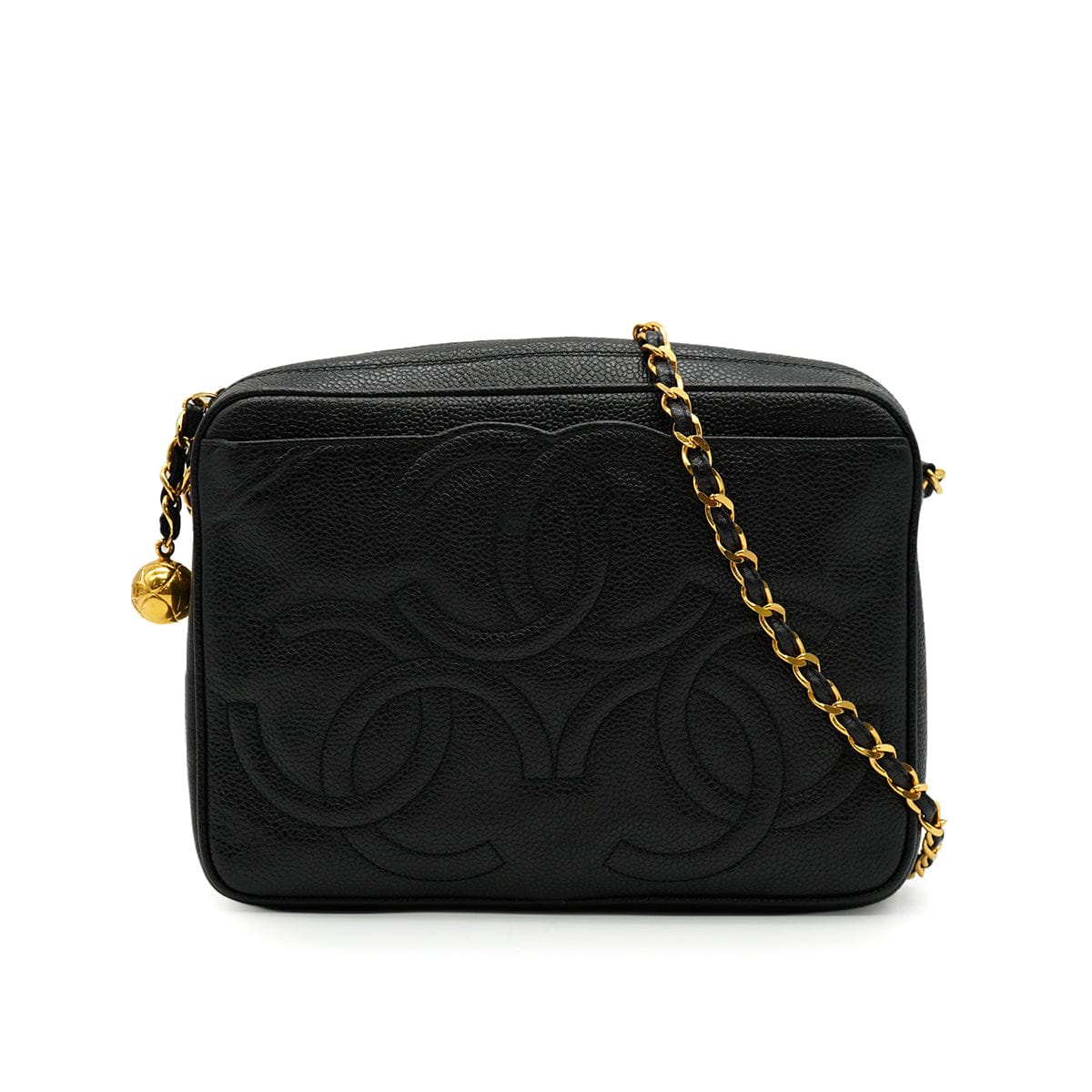 LUXURY PROMISE VINTAGE CHANEL TRIPLE COCO CHAIN SHOULDER BAG FRINGE BLACK CAVIR SKIN GOLD HARDWARE 90341863