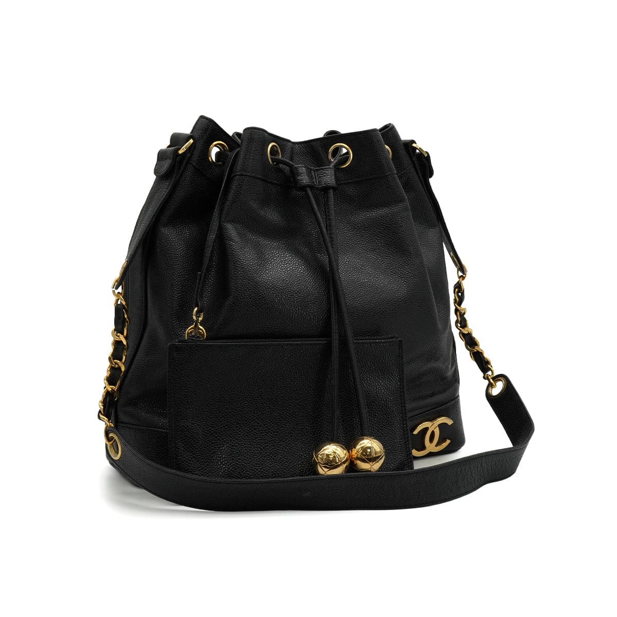 LUXURY PROMISE VINTAGE CHANEL TRIPLE COCO DRAWSTRING CHAIN SHOULDER BAG BLACK CAVIAR SKIN GOLD HARDWARE 90339658