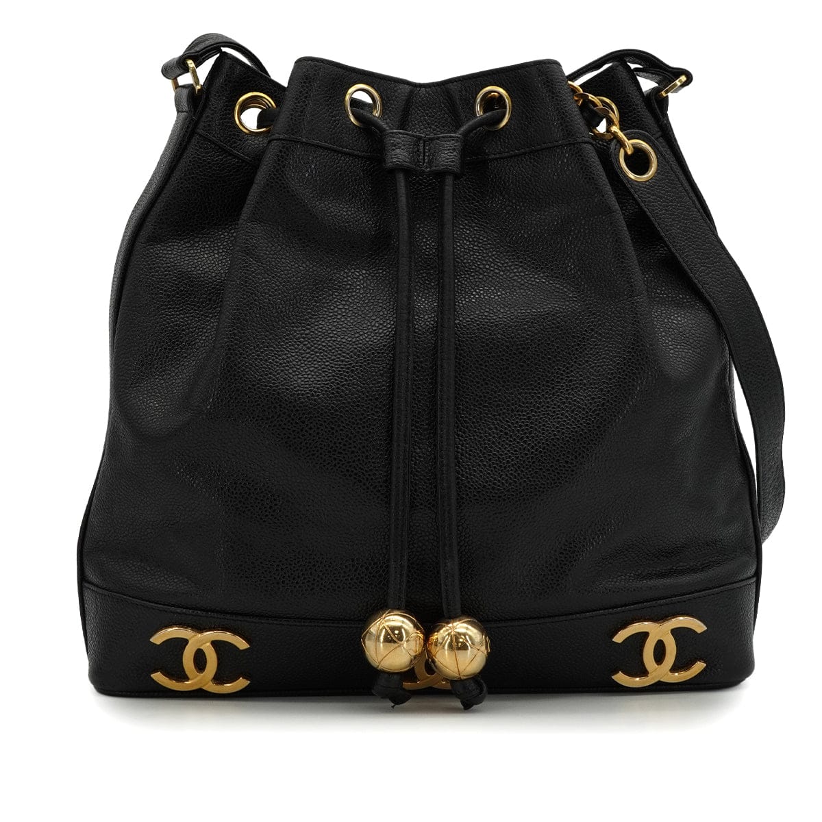 LUXURY PROMISE VINTAGE CHANEL TRIPLE COCO DRAWSTRING CHAIN SHOULDER BAG BLACK CAVIAR SKIN GOLD HARDWARE 90339658