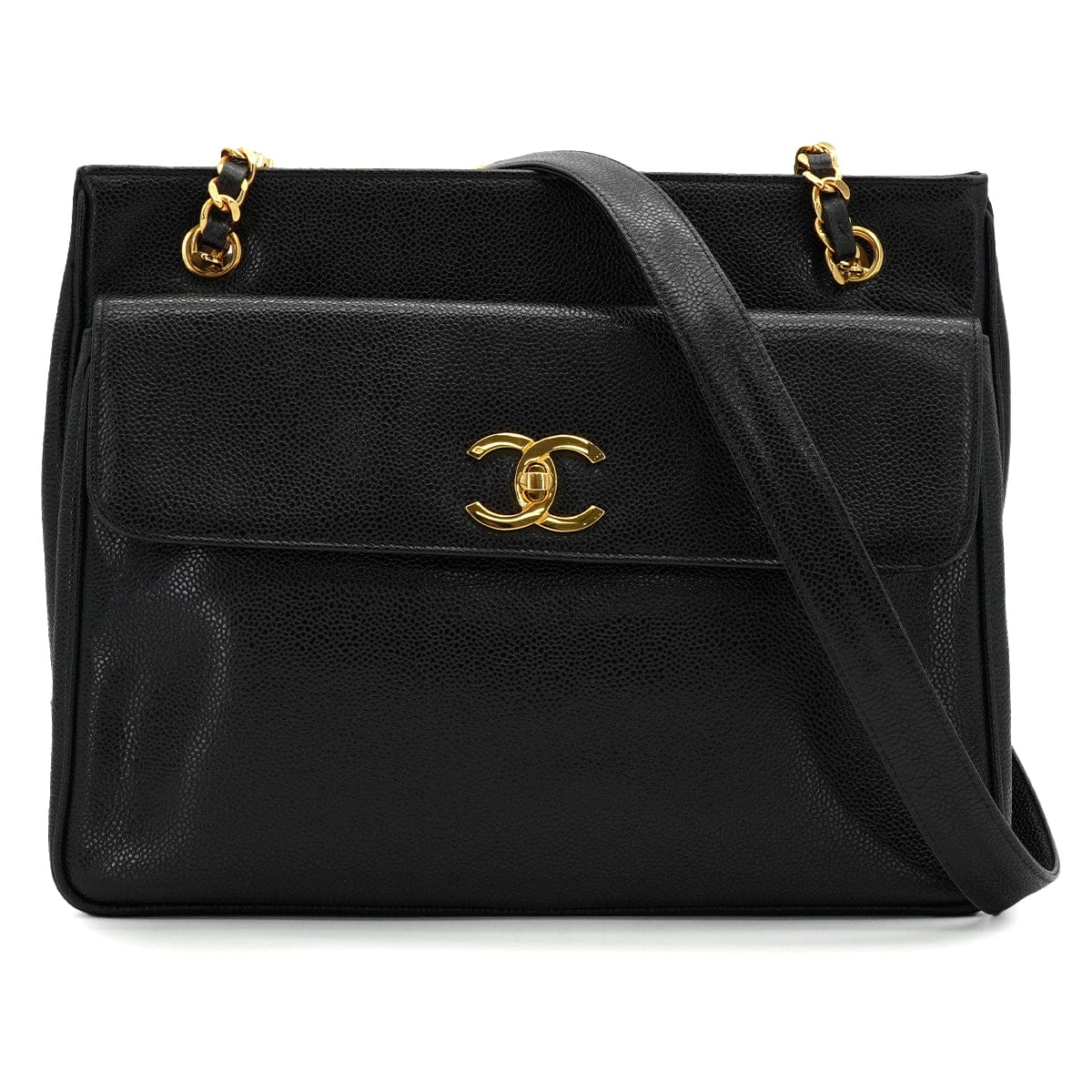 LUXURY PROMISE VINTAGE CHANEL TURN LOCK CHAIN TOTE BAG BLACK CAVIAR SKIN GOLD HARDWARE 90340135
