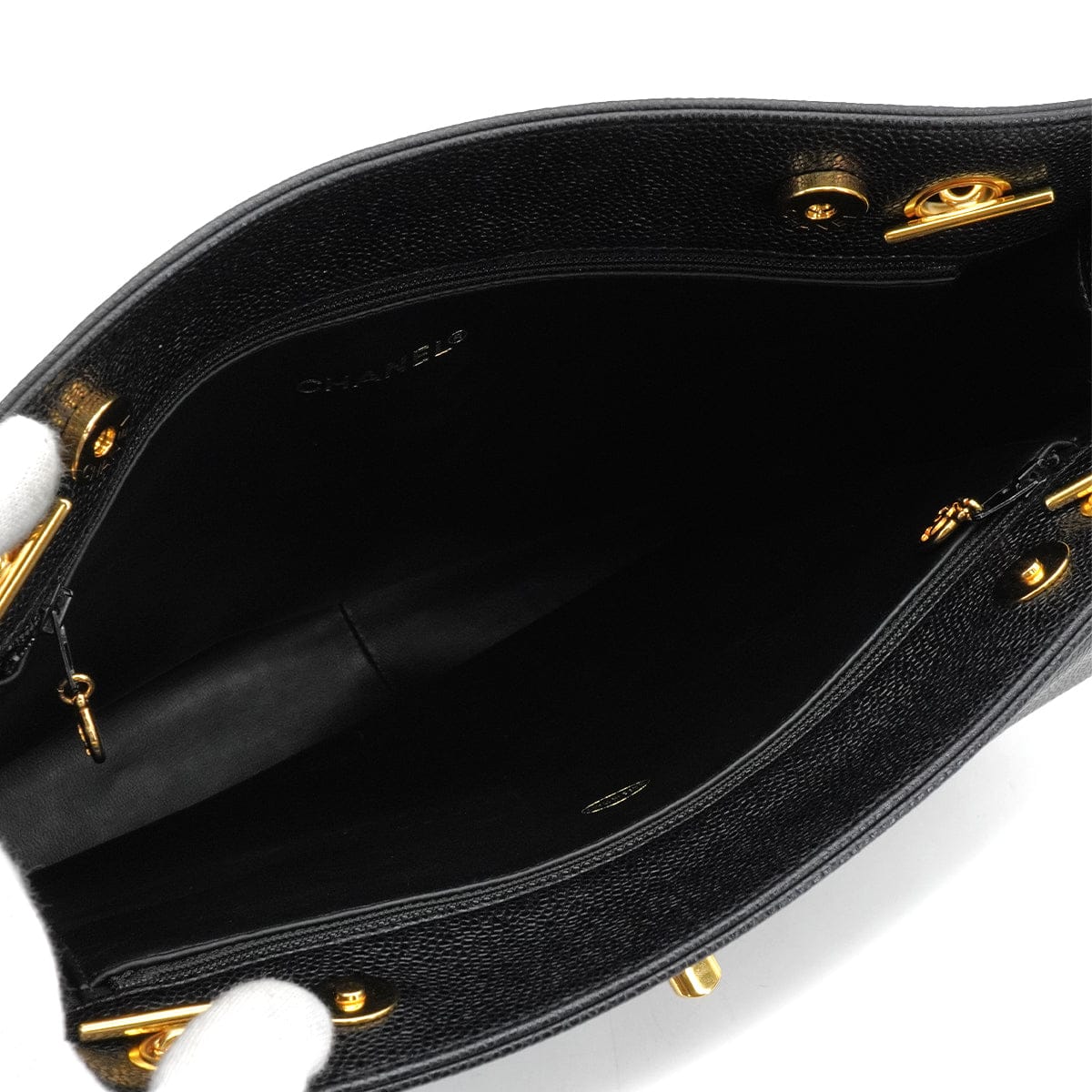 LUXURY PROMISE VINTAGE CHANEL TURN LOCK CHAIN TOTE BAG BLACK CAVIAR SKIN GOLD HARDWARE 90340135