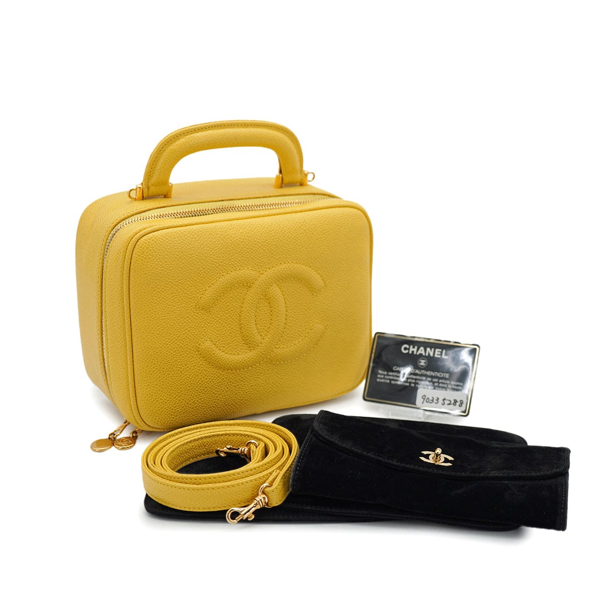 Luxury Promise VINTAGE CHANEL VANITY HAND SHUOLDER BAG YELLOW CAVIAR SKIN GOLD HARDWARE 90335288