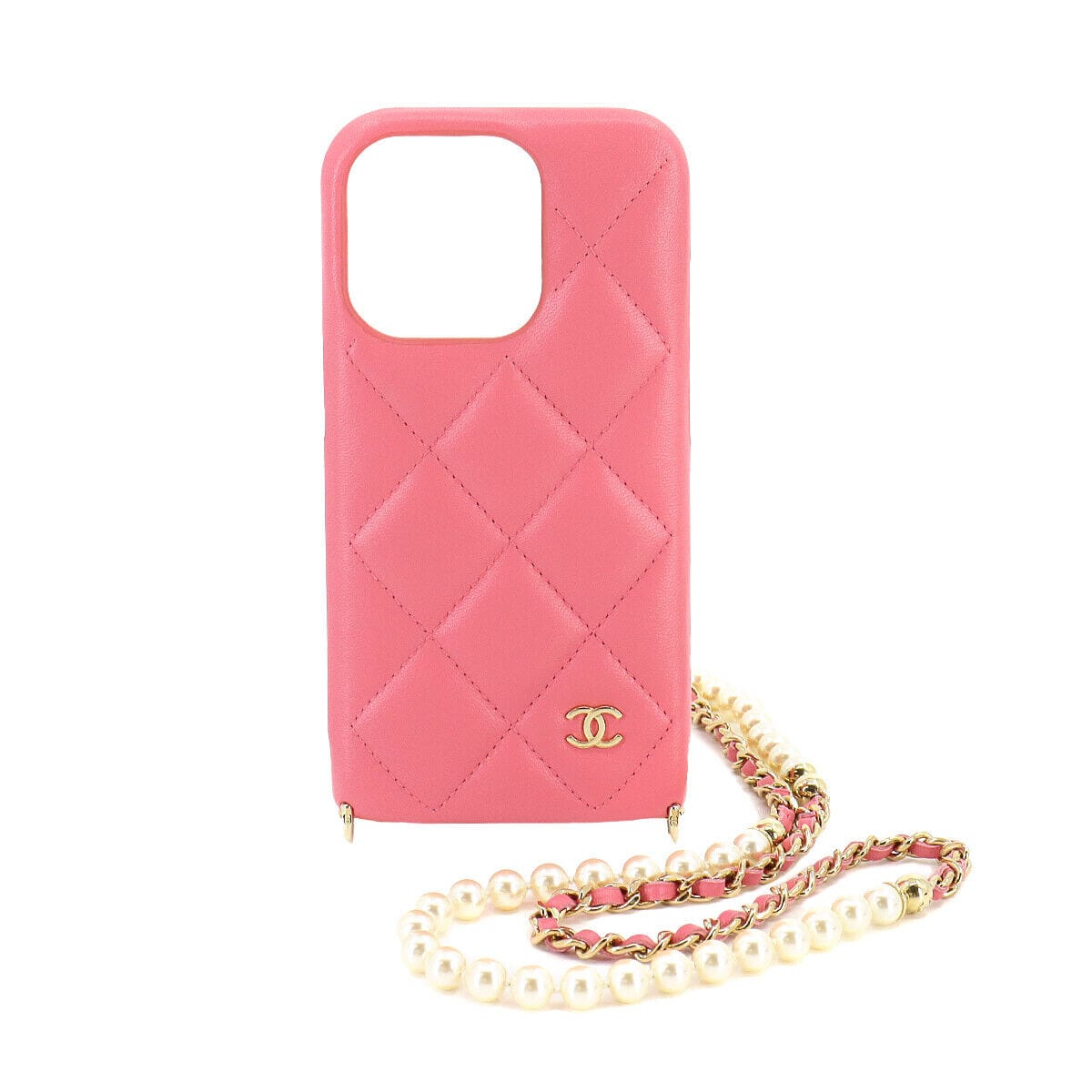 LuxuryPromise CHANEL Matelasse iPhone 14 PRO Smartphone Case Pearl Long Chain Leather Pink 90214139