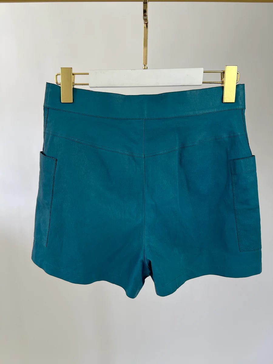 LuxuryPromise CHANEL TEAL LEATHER HIGH WAIST SHORTS WITH POCKET DETAILING FR 38 (UK 10)