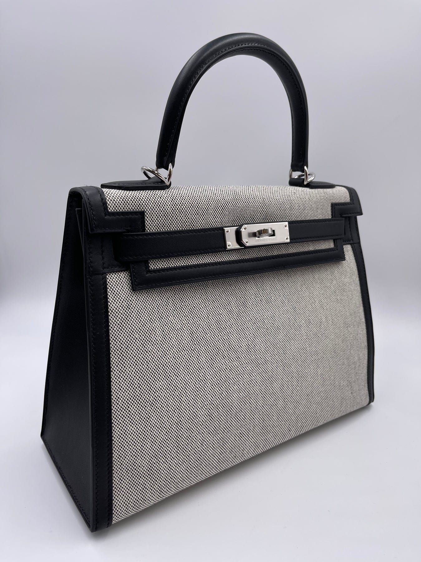 HERMÈS KELLY 28CM BLACK & ECRU Toile H and Swift Leather with Palladium Hardware