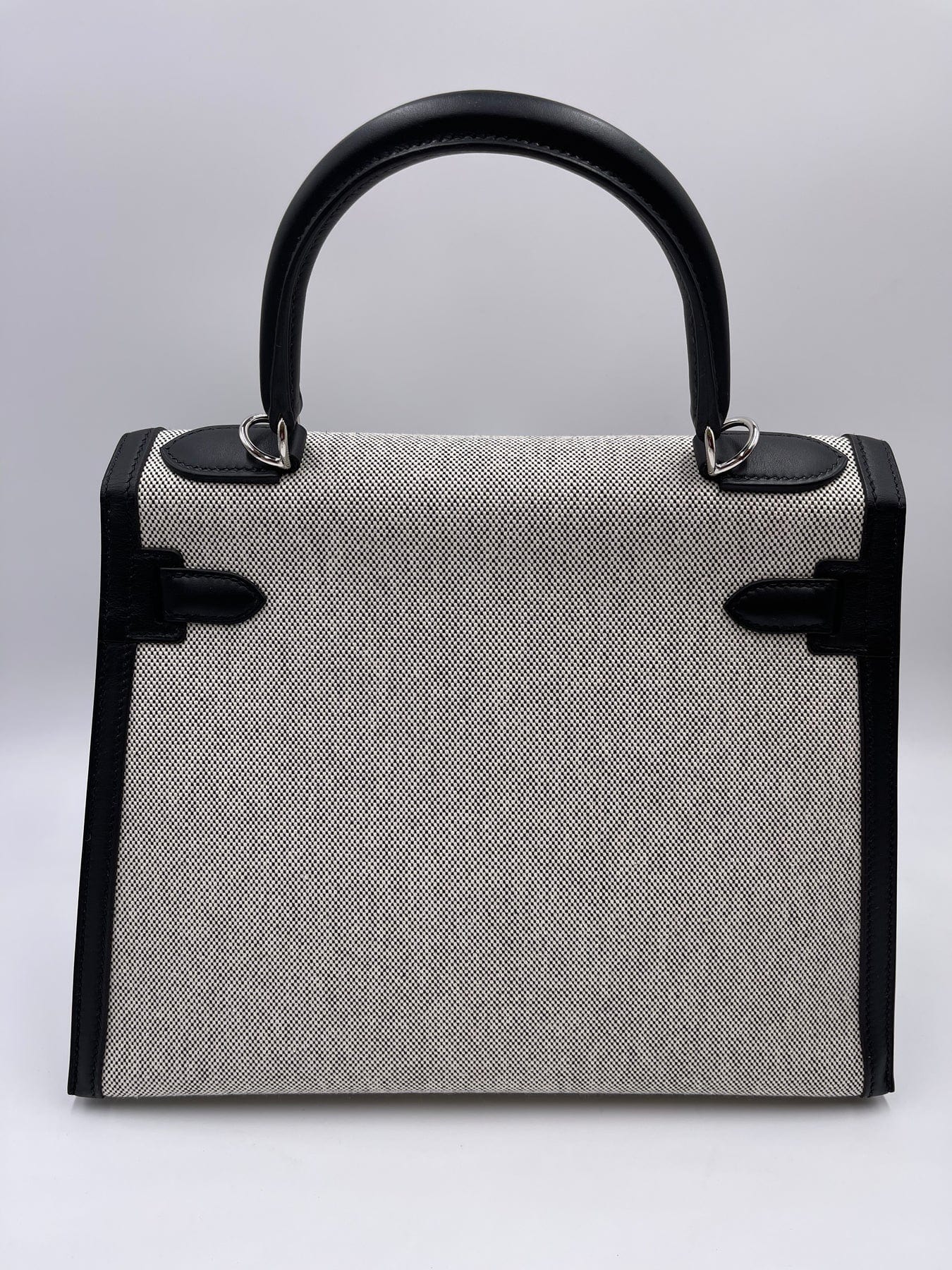 HERMÈS KELLY 28CM BLACK & ECRU Toile H and Swift Leather with Palladium Hardware