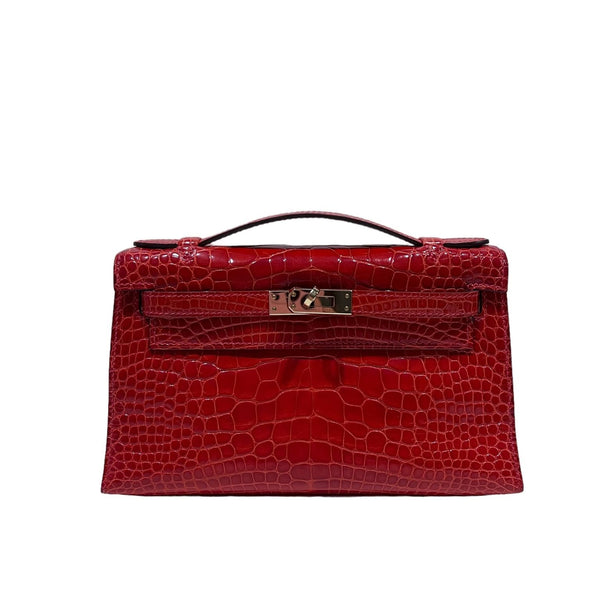 Hermes Mini Kelly Pochette Clutch Black Shiny Alligator Gold