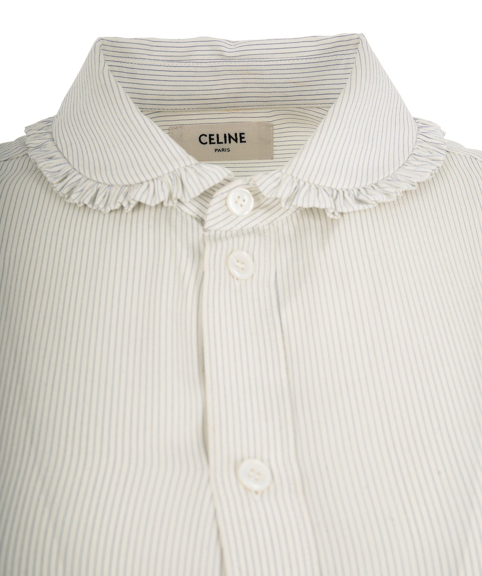 LuxuryPromise Celine White & Blue Striped Silk Frill Collar Triomphe Shirt - FR 42  ALC1969