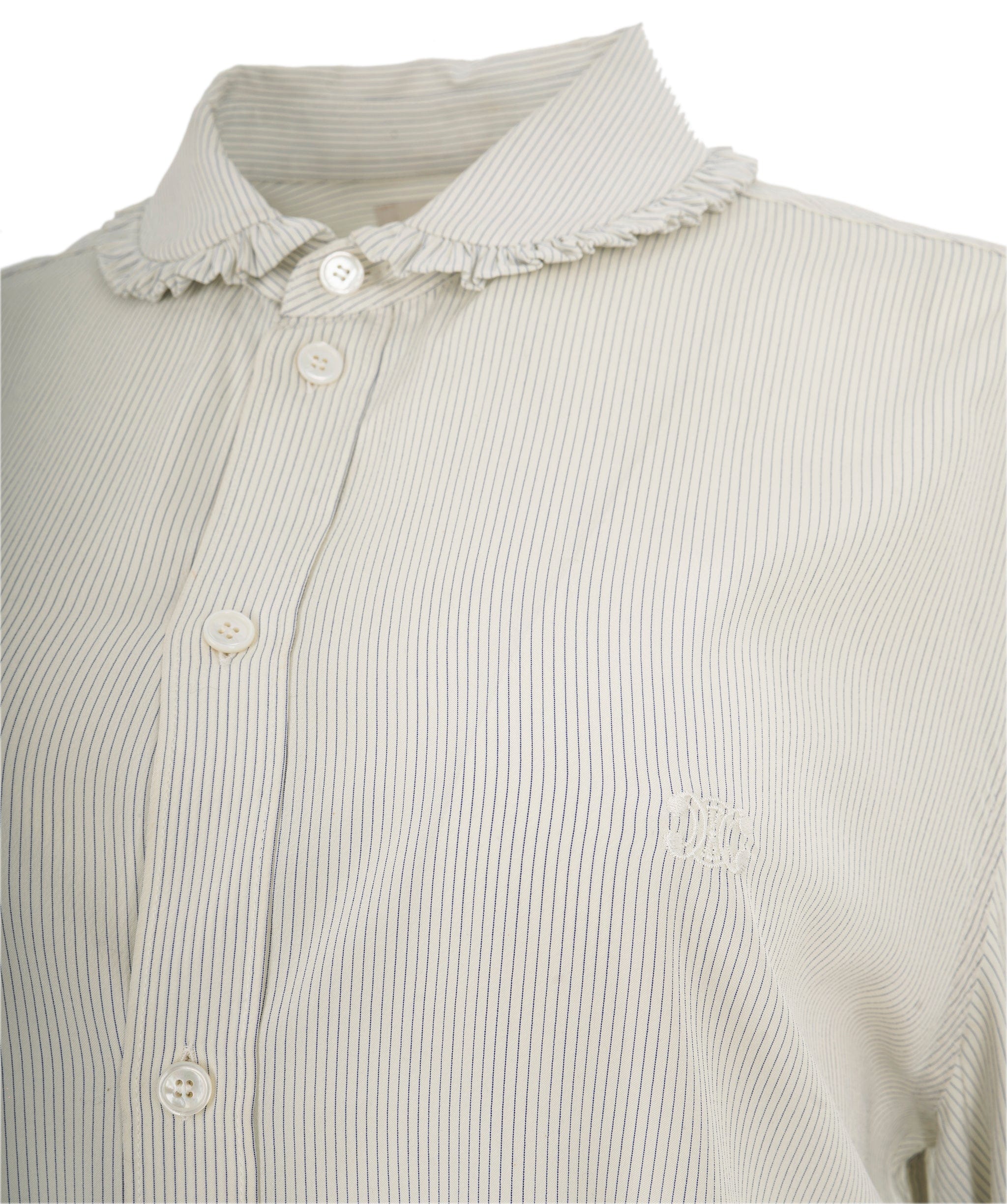 LuxuryPromise Celine White & Blue Striped Silk Frill Collar Triomphe Shirt - FR 42  ALC1969