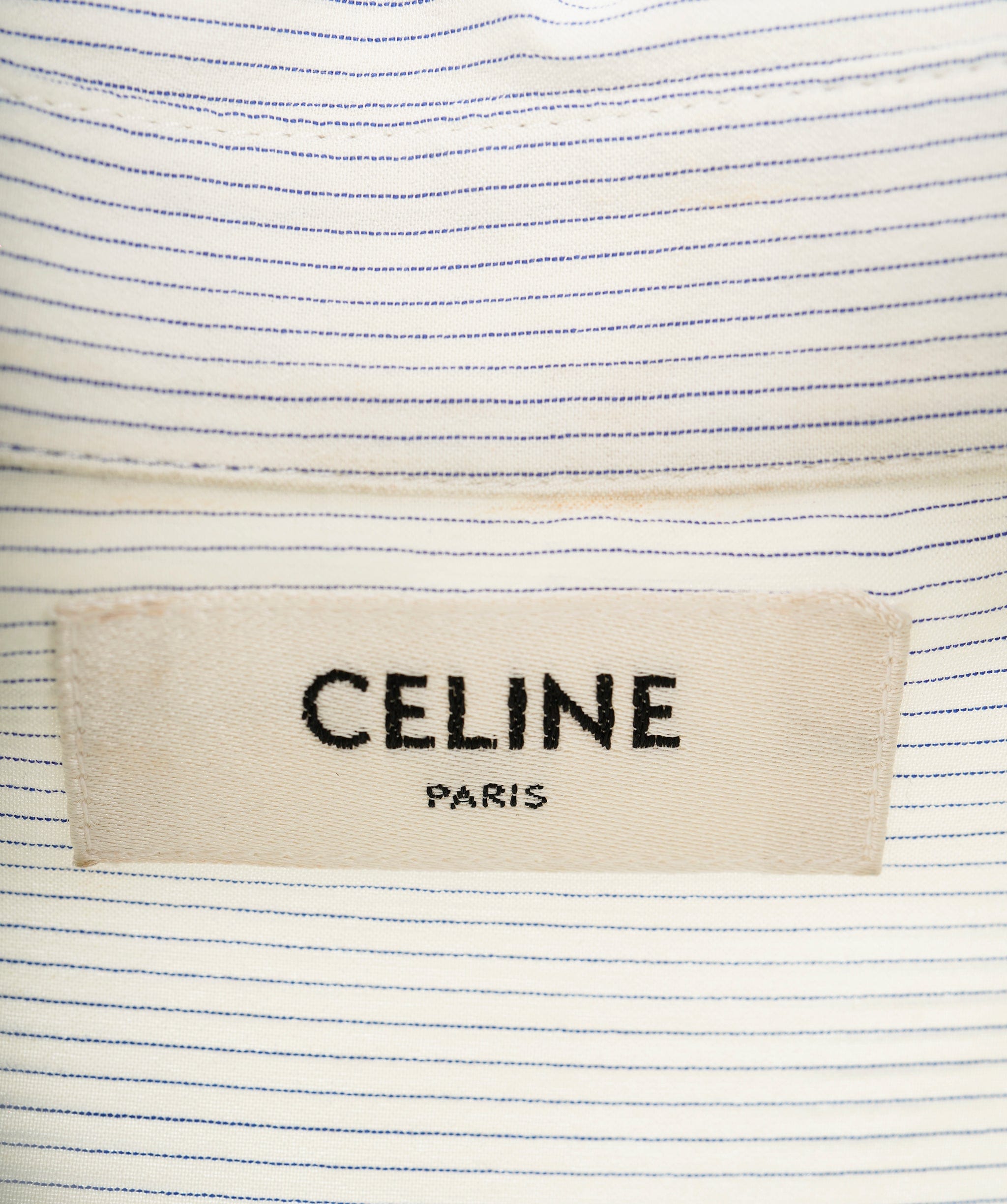 LuxuryPromise Celine White & Blue Striped Silk Frill Collar Triomphe Shirt - FR 42  ALC1969