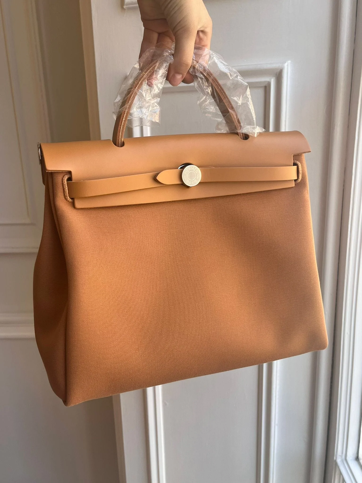 HERMÈS HERBAG 31CM "VERSO" DUNE & ETOUPE Toile & Vache Leather with Palladium Hardware