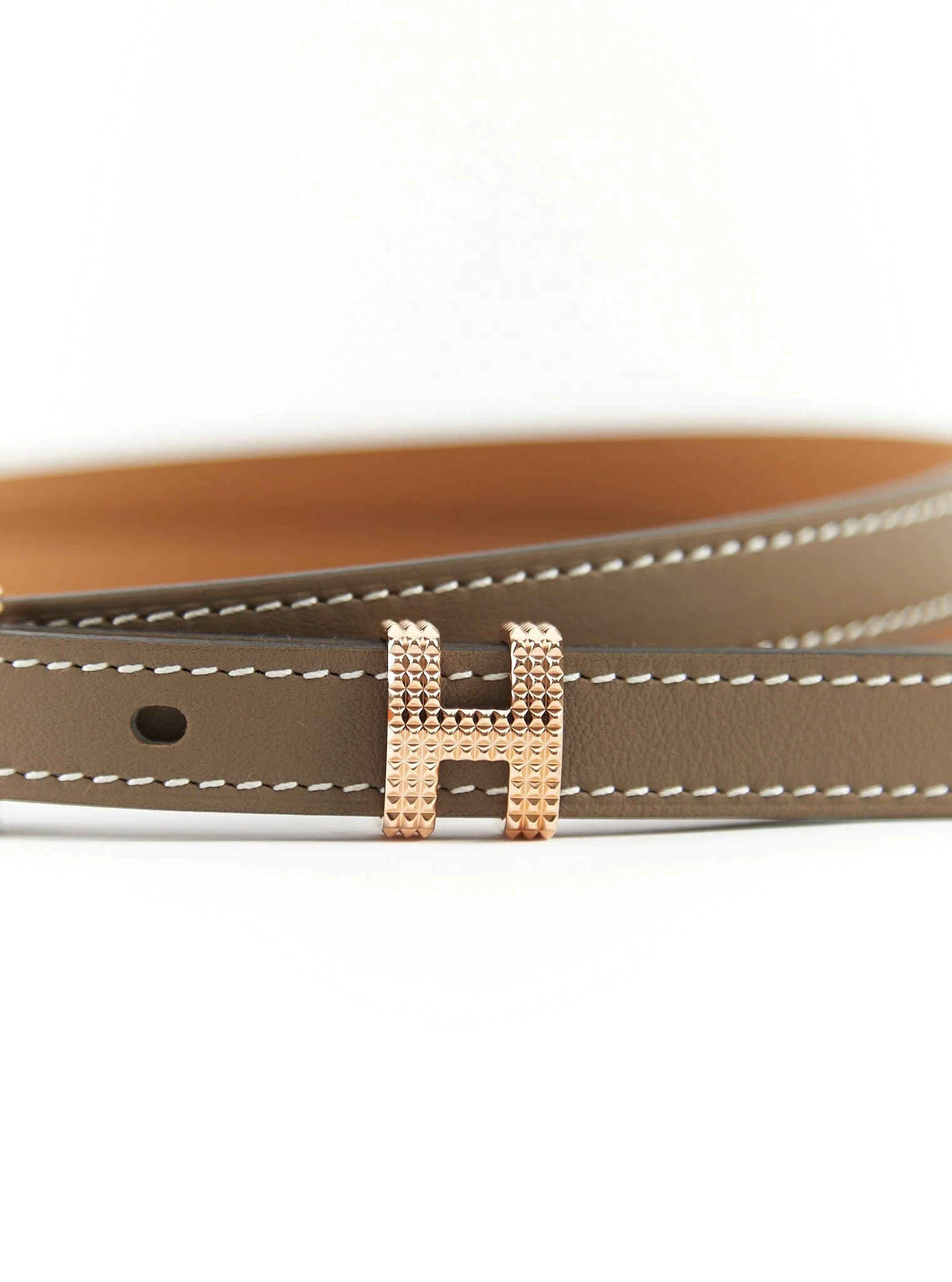 HERMÈS POP H 15 GUILLOCHEE BELT 85 Etoupe Swift Leather with Rose Gold Hardware