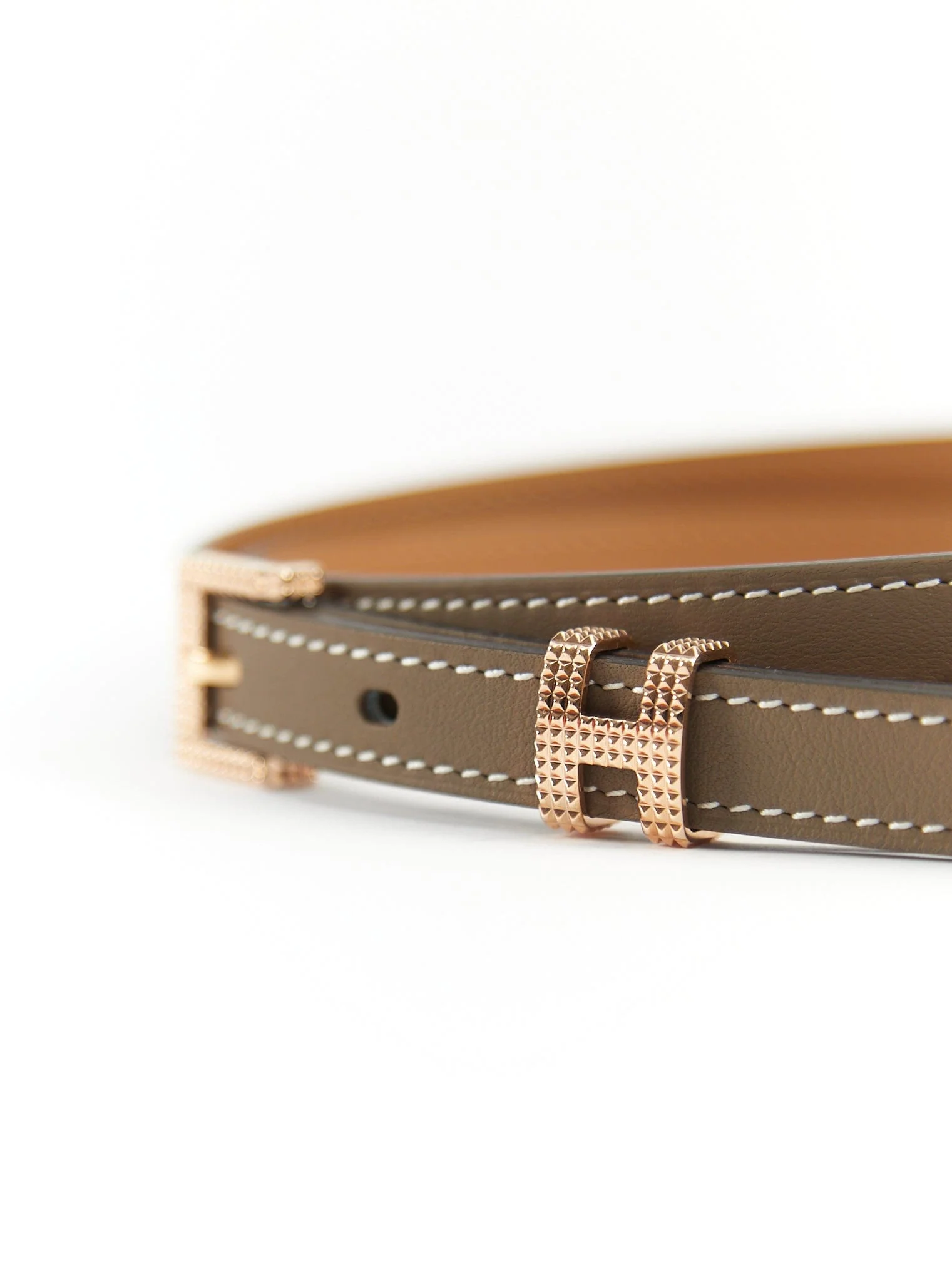 HERMÈS POP H 15 GUILLOCHEE BELT 85 Etoupe Swift Leather with Rose Gold Hardware