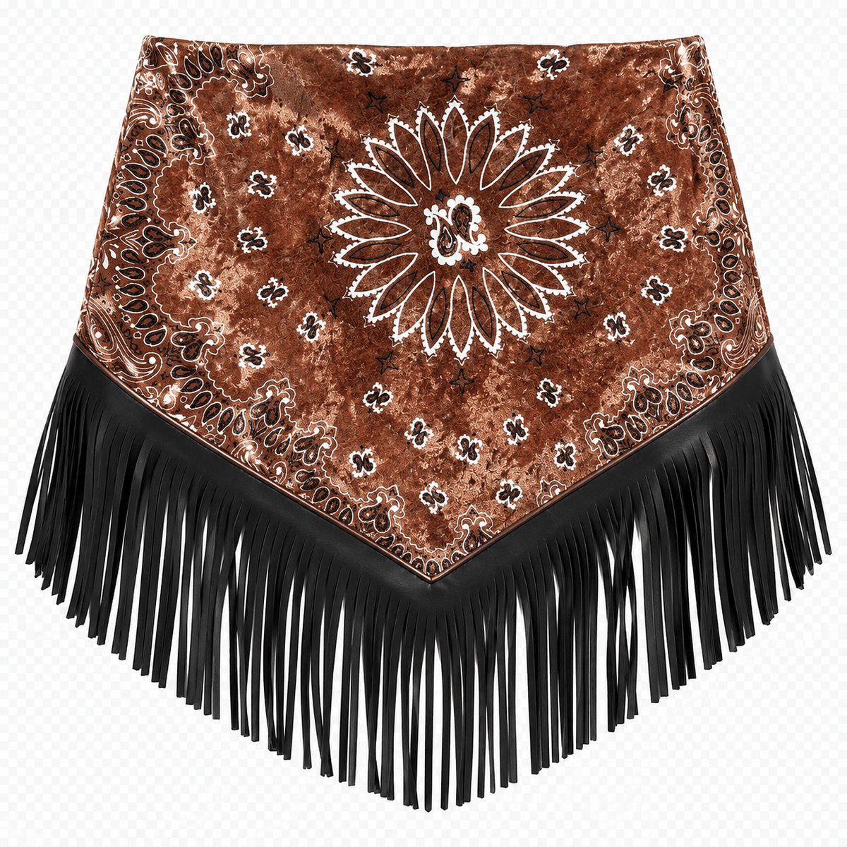 Maison Clad REVERSIBLE SCARF WESTY SILK VELVET BANDANA BROWN FRINGES MCL13651